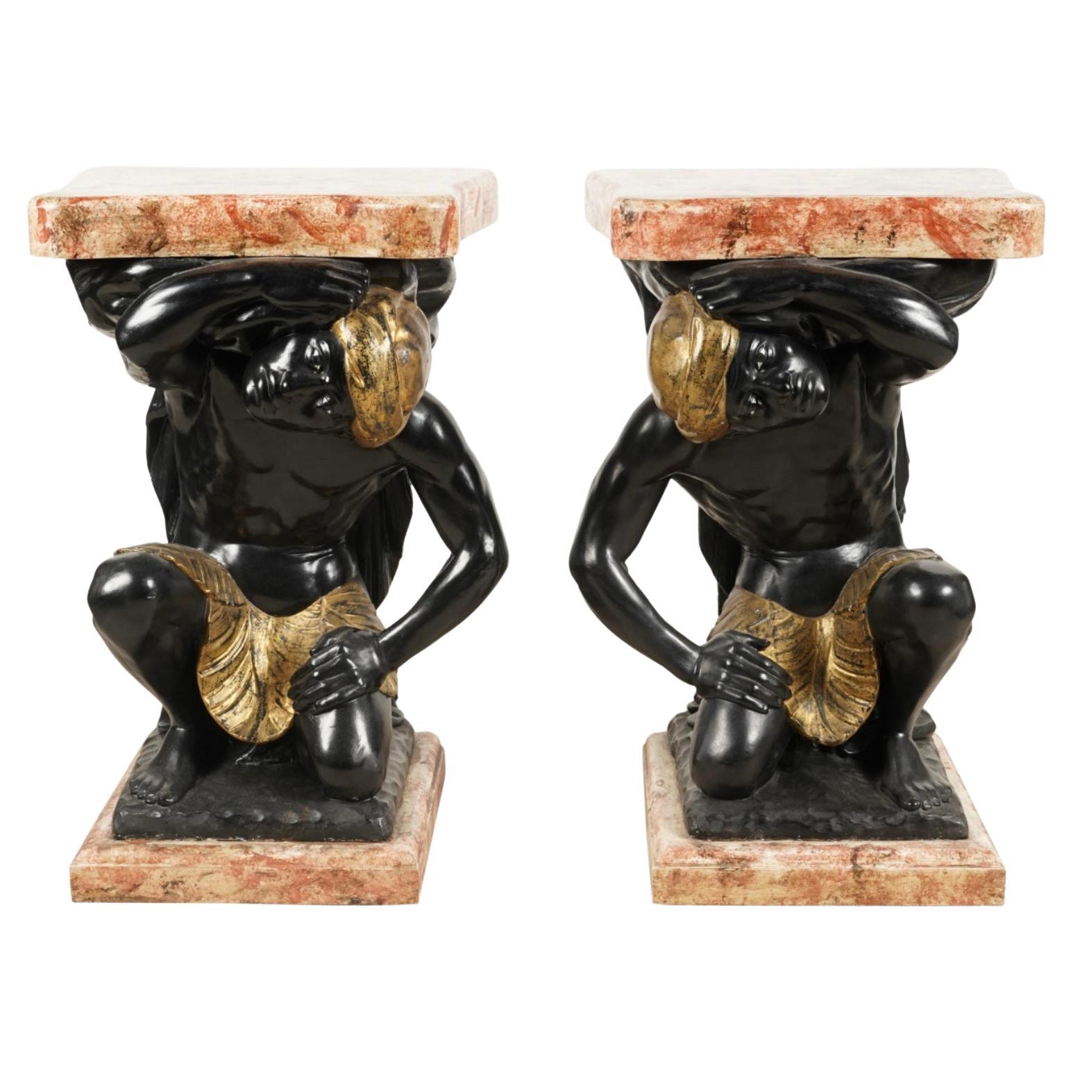 Pair 19th C Style Venetian Carved and Polychrome Wood Figural Pedestals For Sale