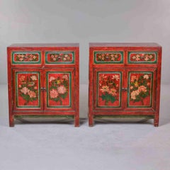 Pair 19th Cent Chinese Gansu Red-Painted Cabinets w Polychrome Floral Decoration