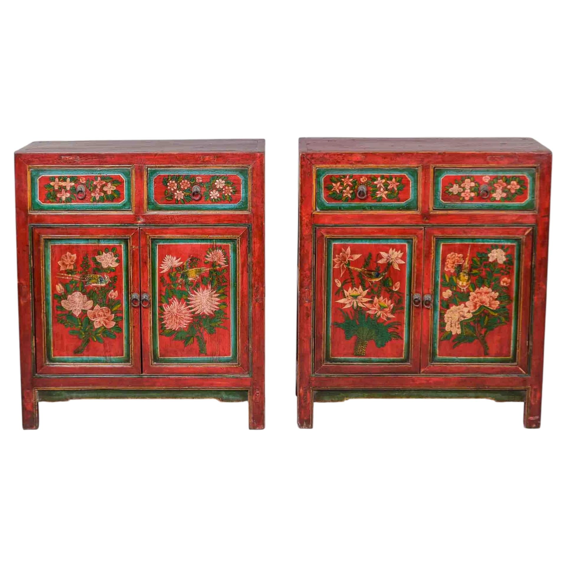 Pair 19th Cent Chinese Gansu Red-Painted Cabinets w Polychrome Floral Decoration