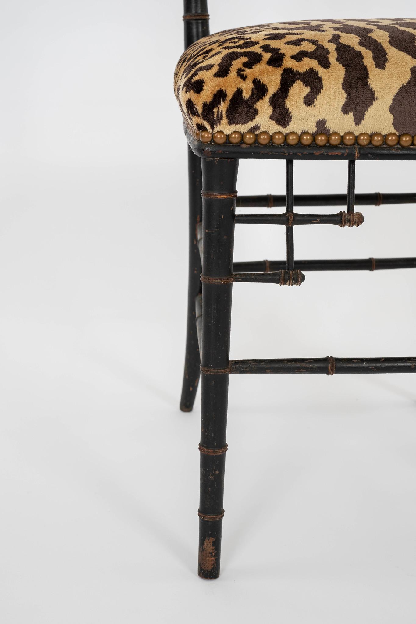 Pair Napoleon III Faux Bamboo Leopardo Silk Velvet Chairs For Sale 3