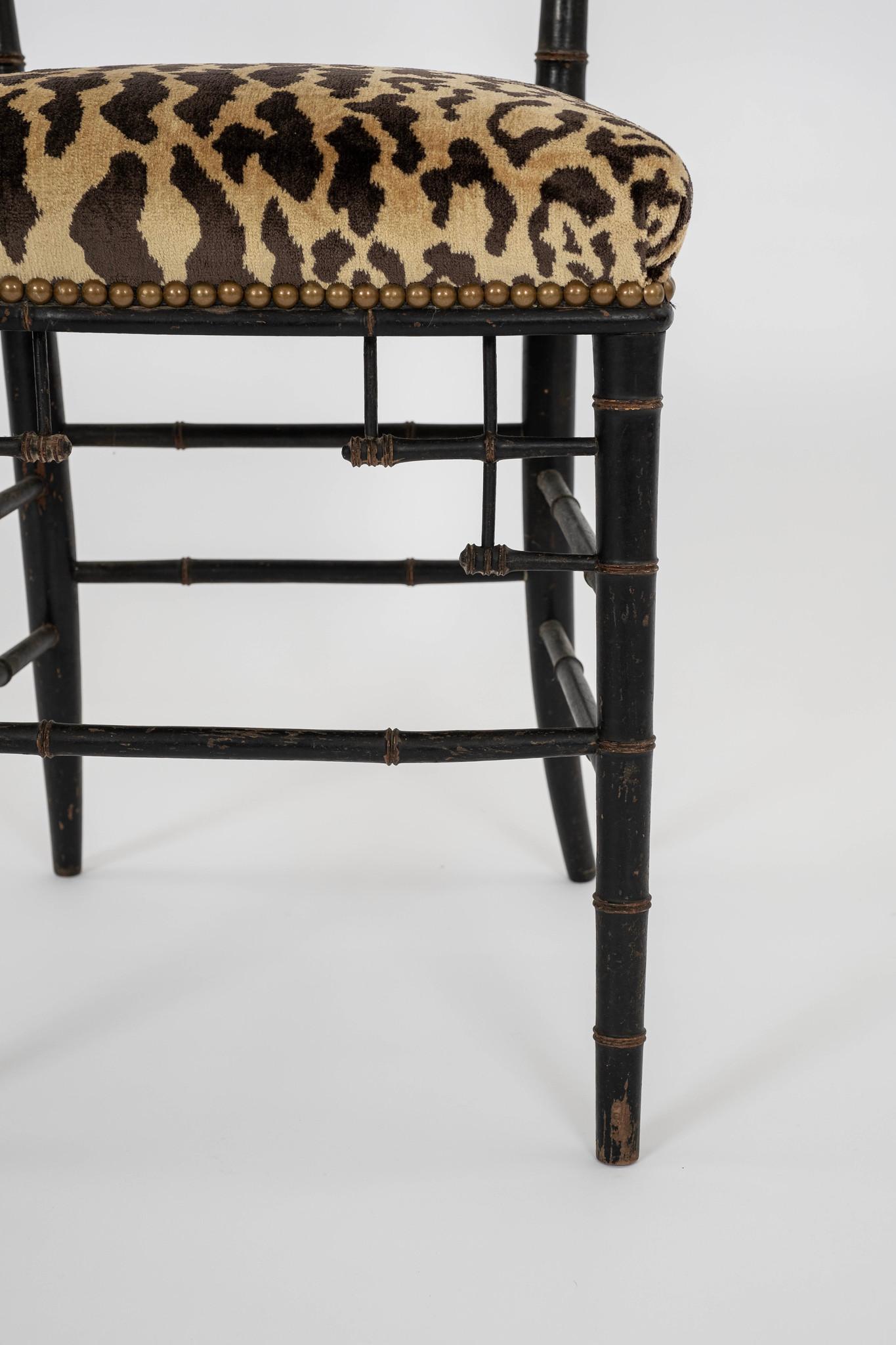 Pair Napoleon III Faux Bamboo Leopardo Silk Velvet Chairs For Sale 4