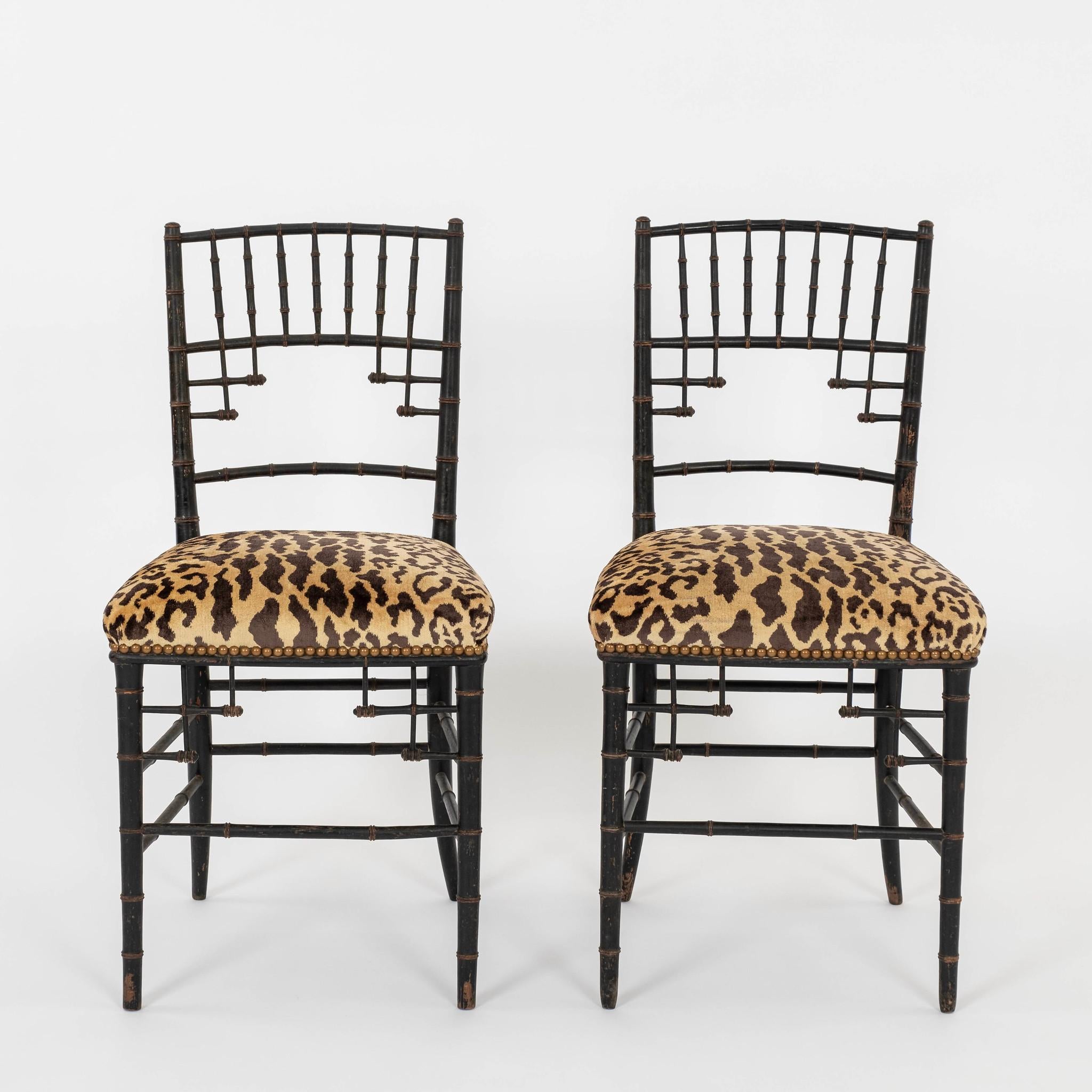 Aesthetic Movement Pair Napoleon III Faux Bamboo Leopardo Silk Velvet Chairs For Sale