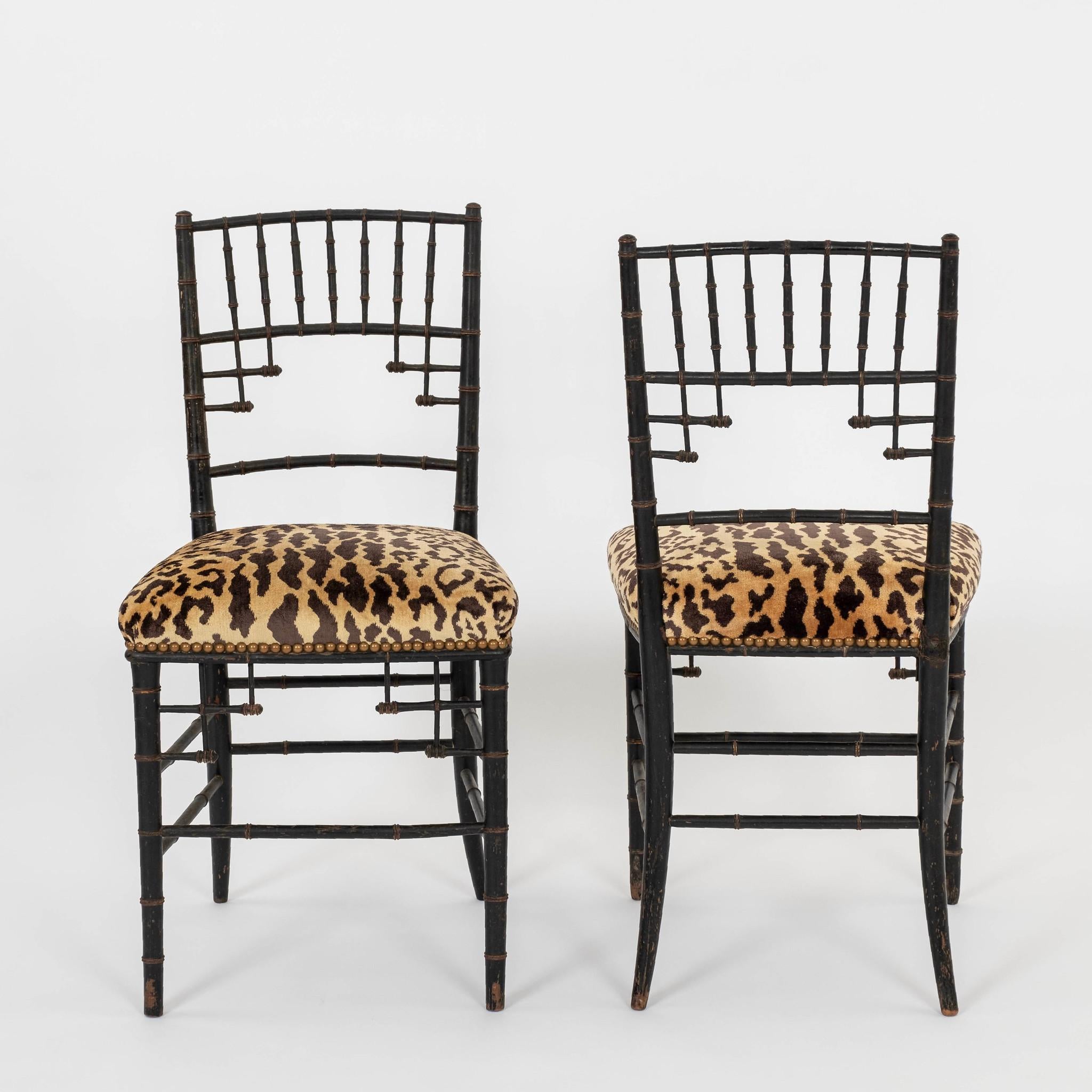 French Pair Napoleon III Faux Bamboo Leopardo Silk Velvet Chairs For Sale