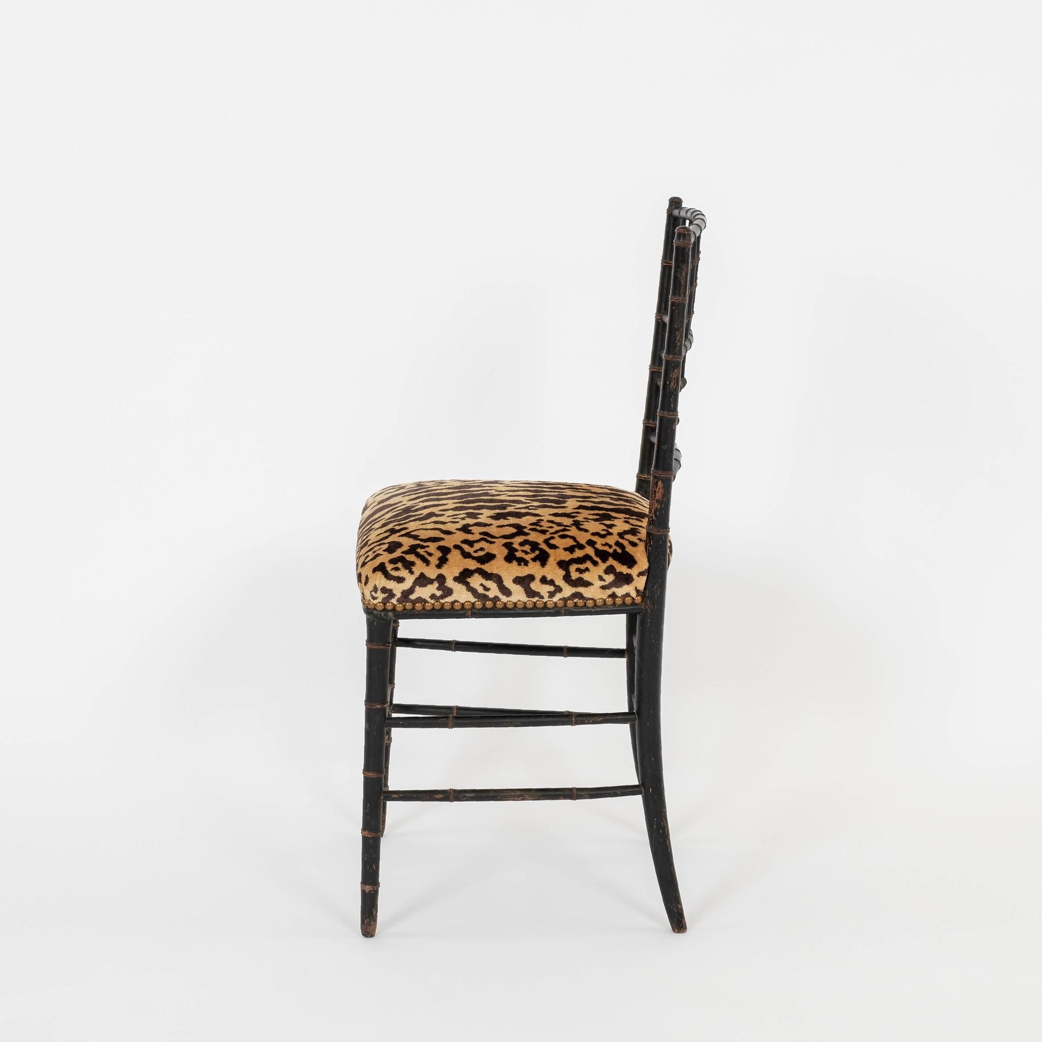 Painted Pair Napoleon III Faux Bamboo Leopardo Silk Velvet Chairs For Sale