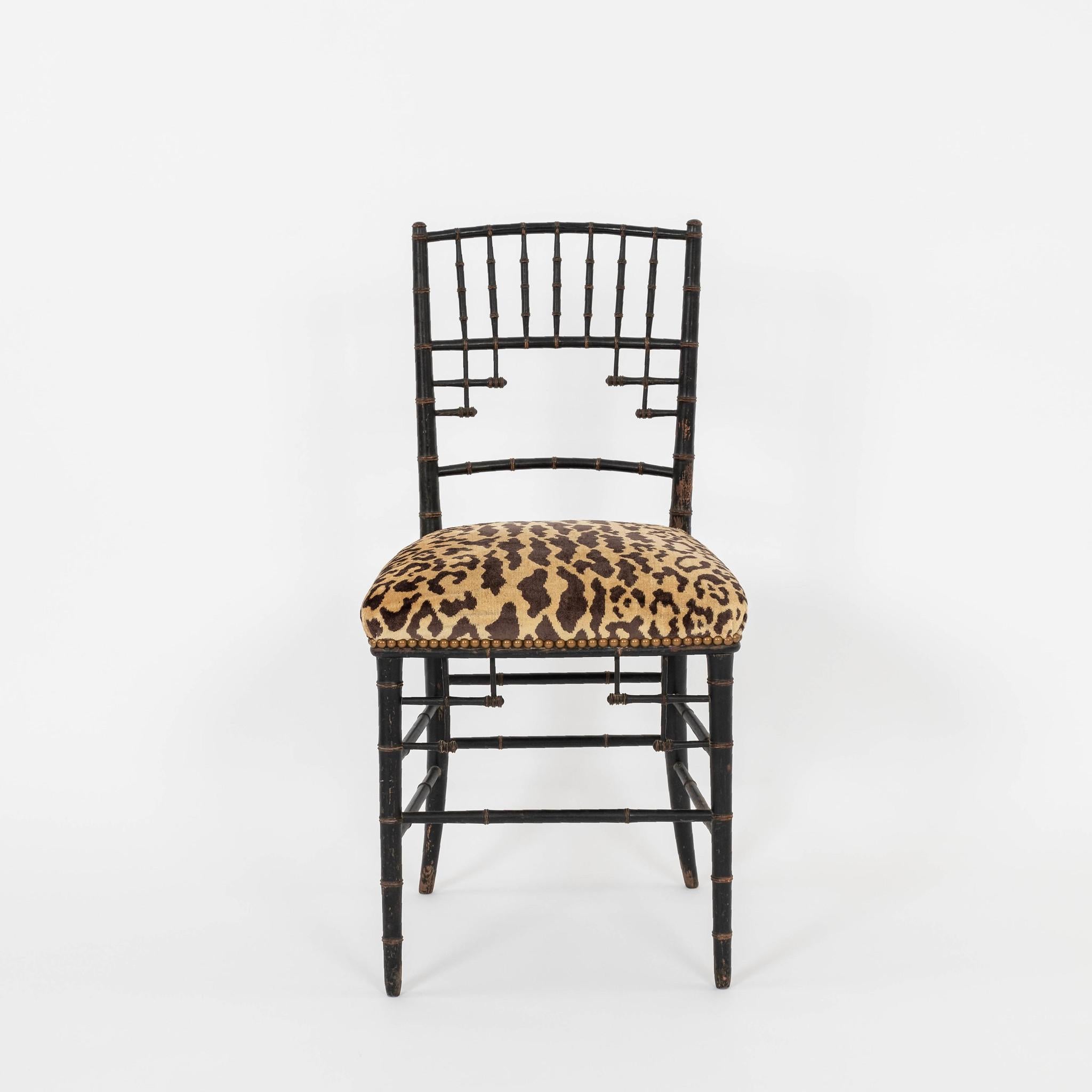 Pair Napoleon III Faux Bamboo Leopardo Silk Velvet Chairs In Good Condition For Sale In Houston, TX