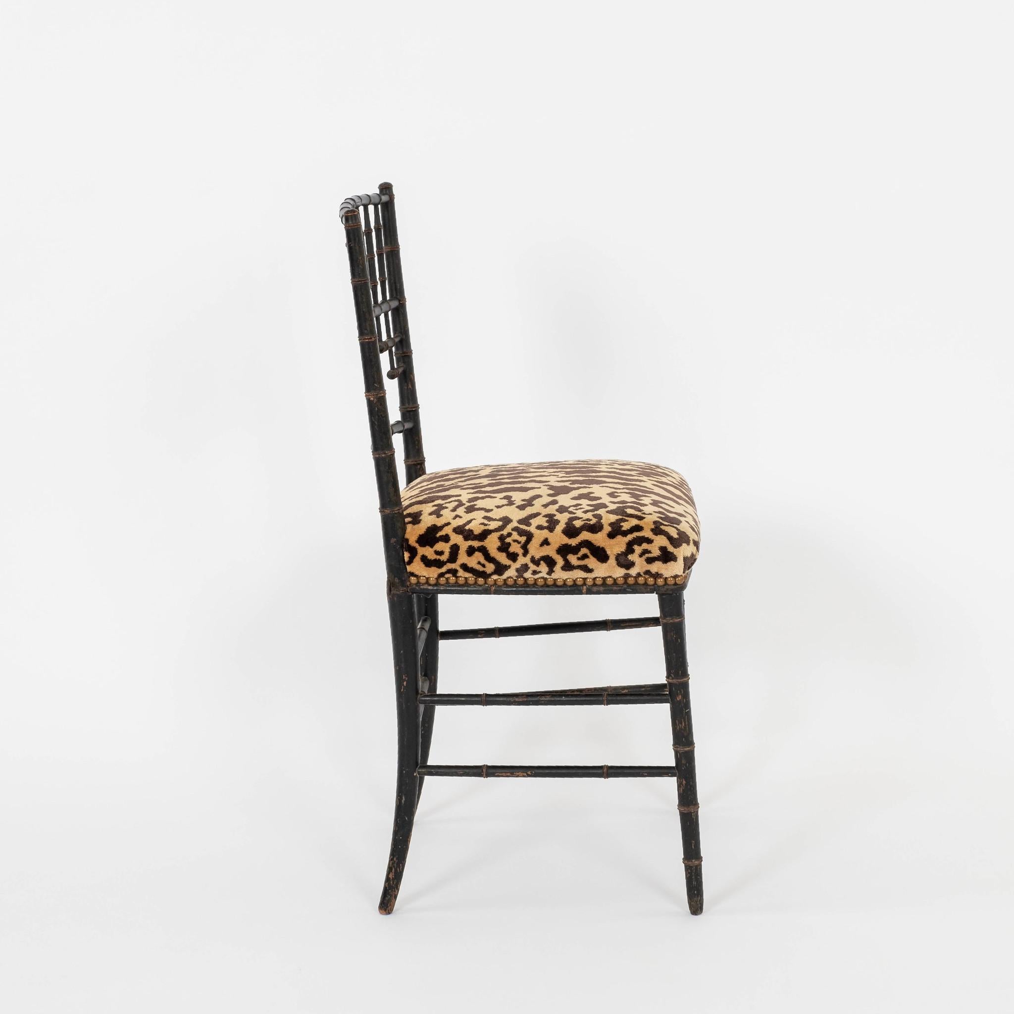 19th Century Pair Napoleon III Faux Bamboo Leopardo Silk Velvet Chairs For Sale