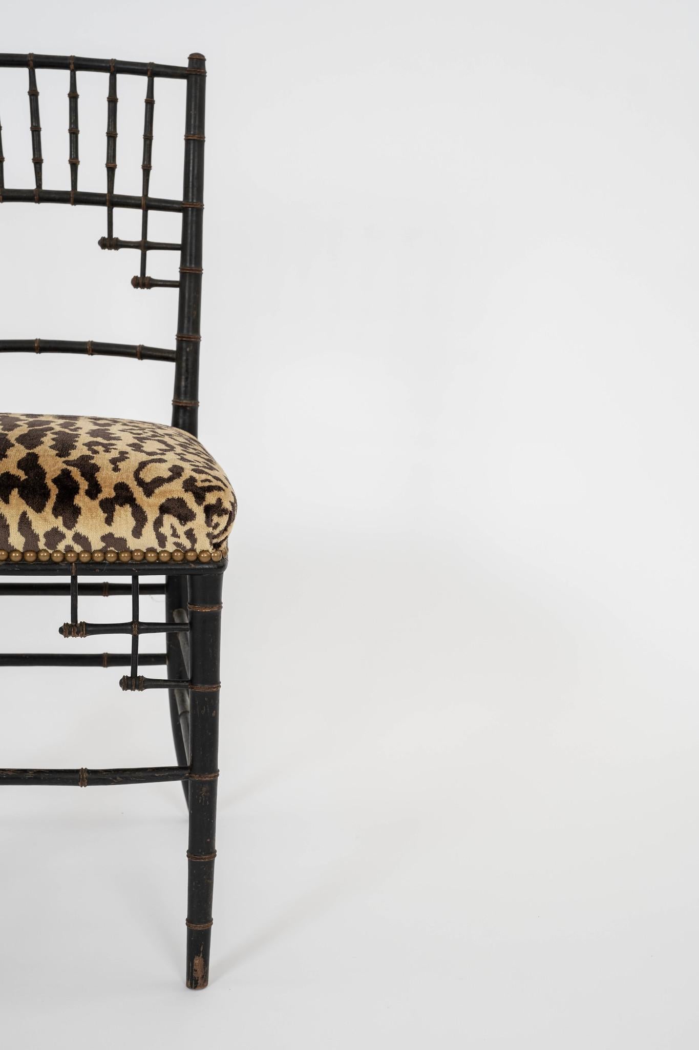 Pair Napoleon III Faux Bamboo Leopardo Silk Velvet Chairs For Sale 1