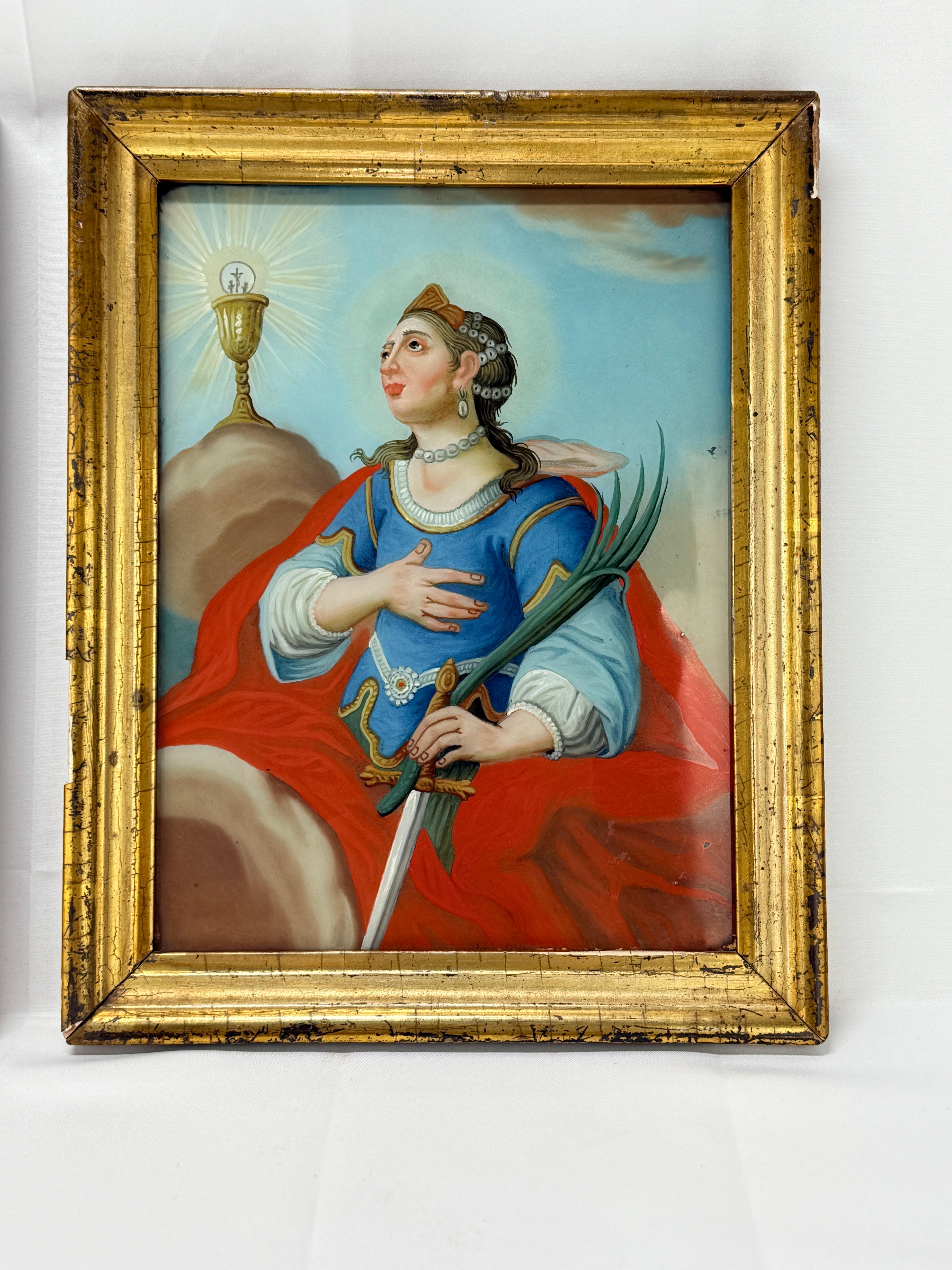 **Pair of 19th Century Allegorical Reverse Glass Paintings Depicting Saint Barbara**  

This remarkable pair of **19th-century allegorical reverse glass paintings** captures the veneration of **Saint Barbara**, a revered Christian martyr and patron