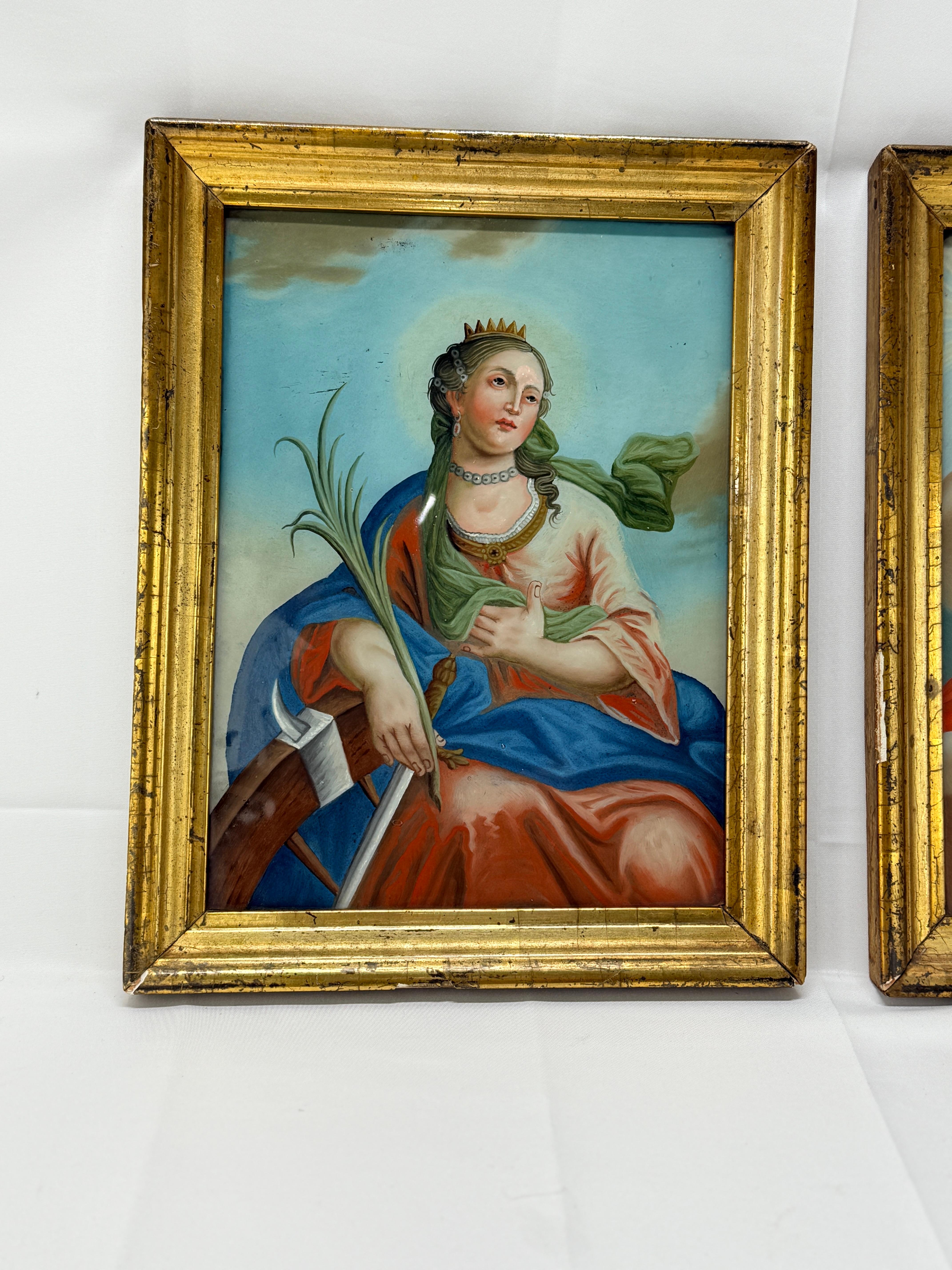Renaissance Pair, 19th Century Allegorical Reverse Glass Paintings Depicting Saint Barbara For Sale