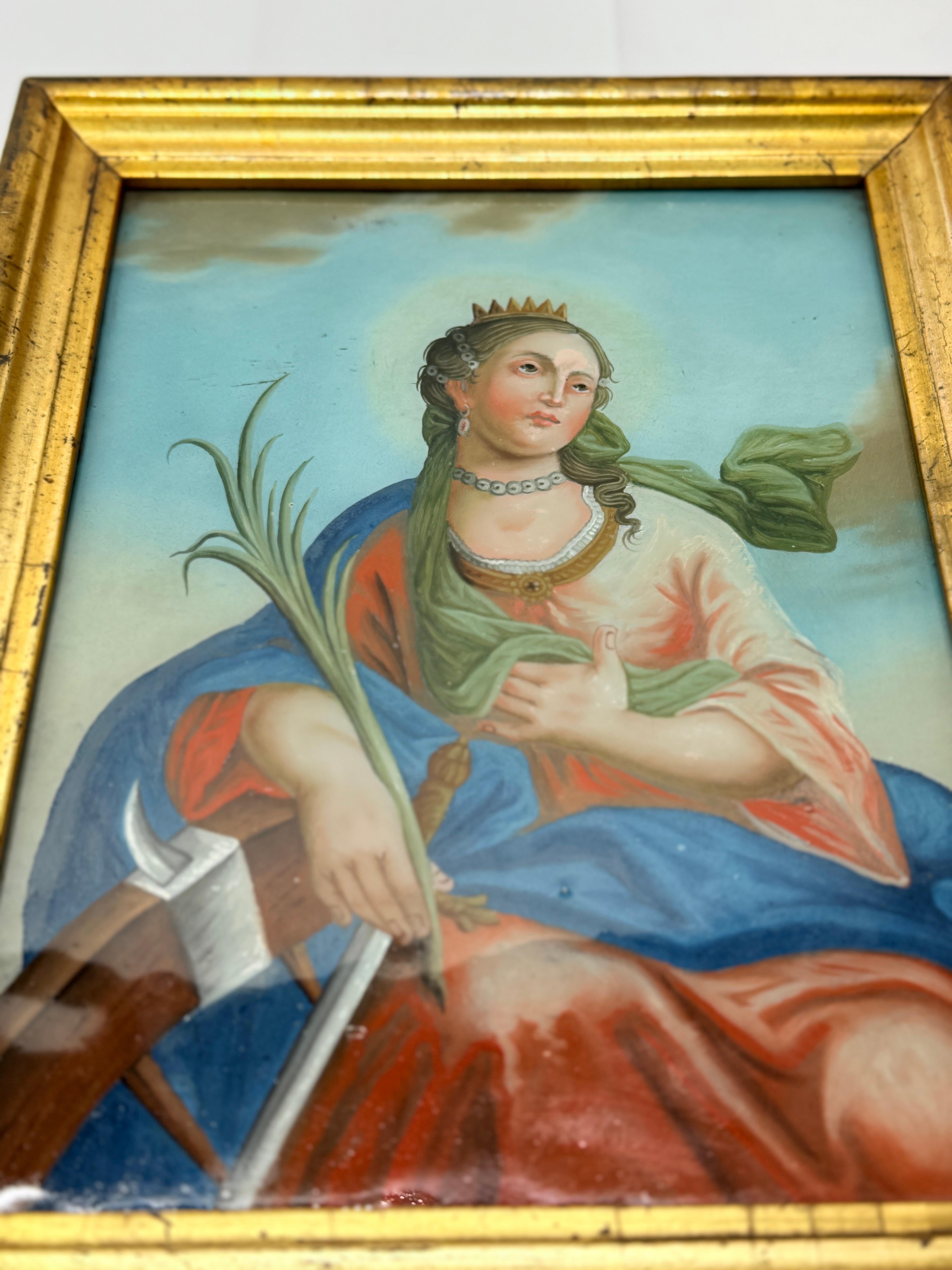 Swiss Pair, 19th Century Allegorical Reverse Glass Paintings Depicting Saint Barbara For Sale