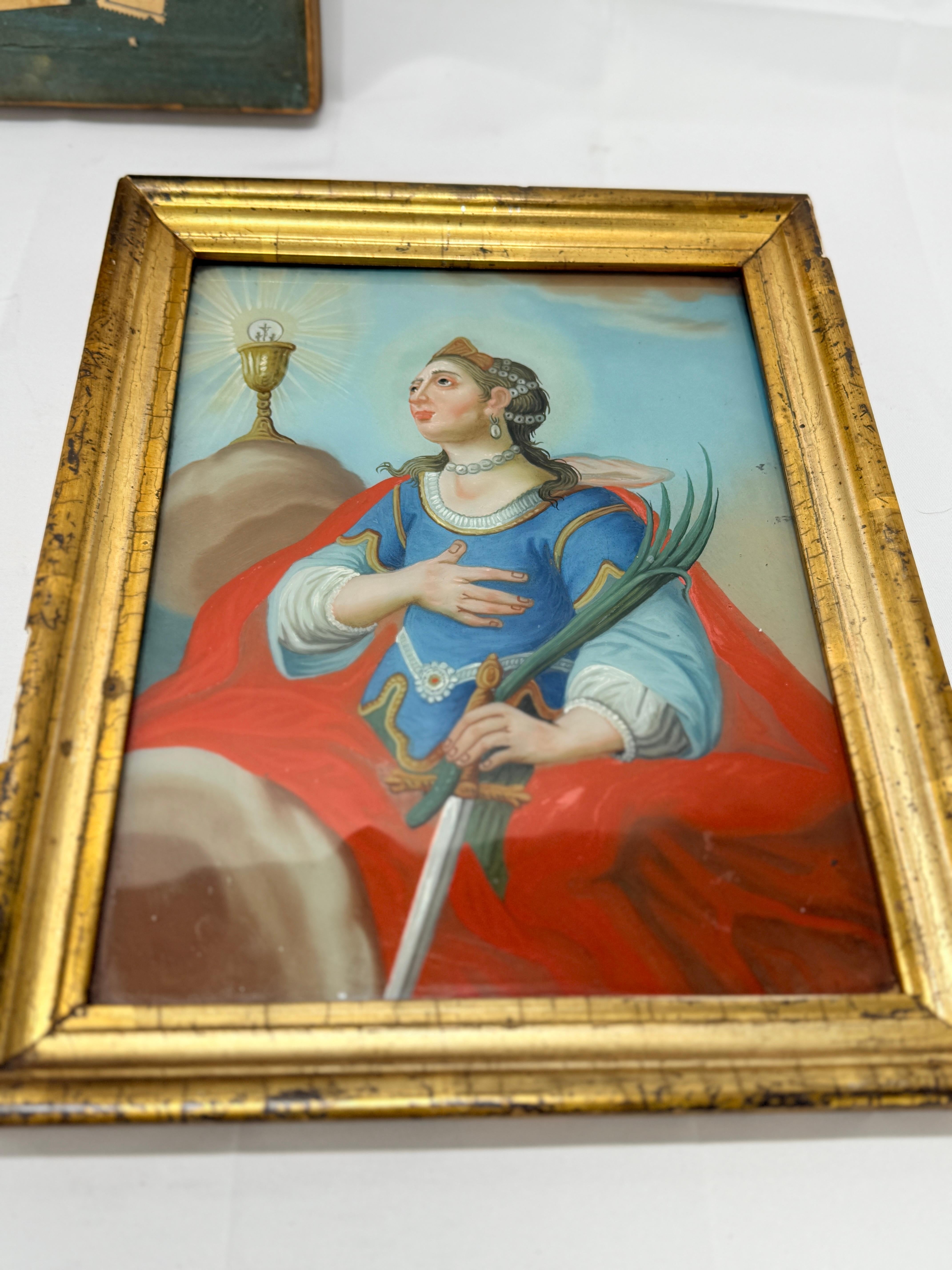 Pair, 19th Century Allegorical Reverse Glass Paintings Depicting Saint Barbara For Sale 2