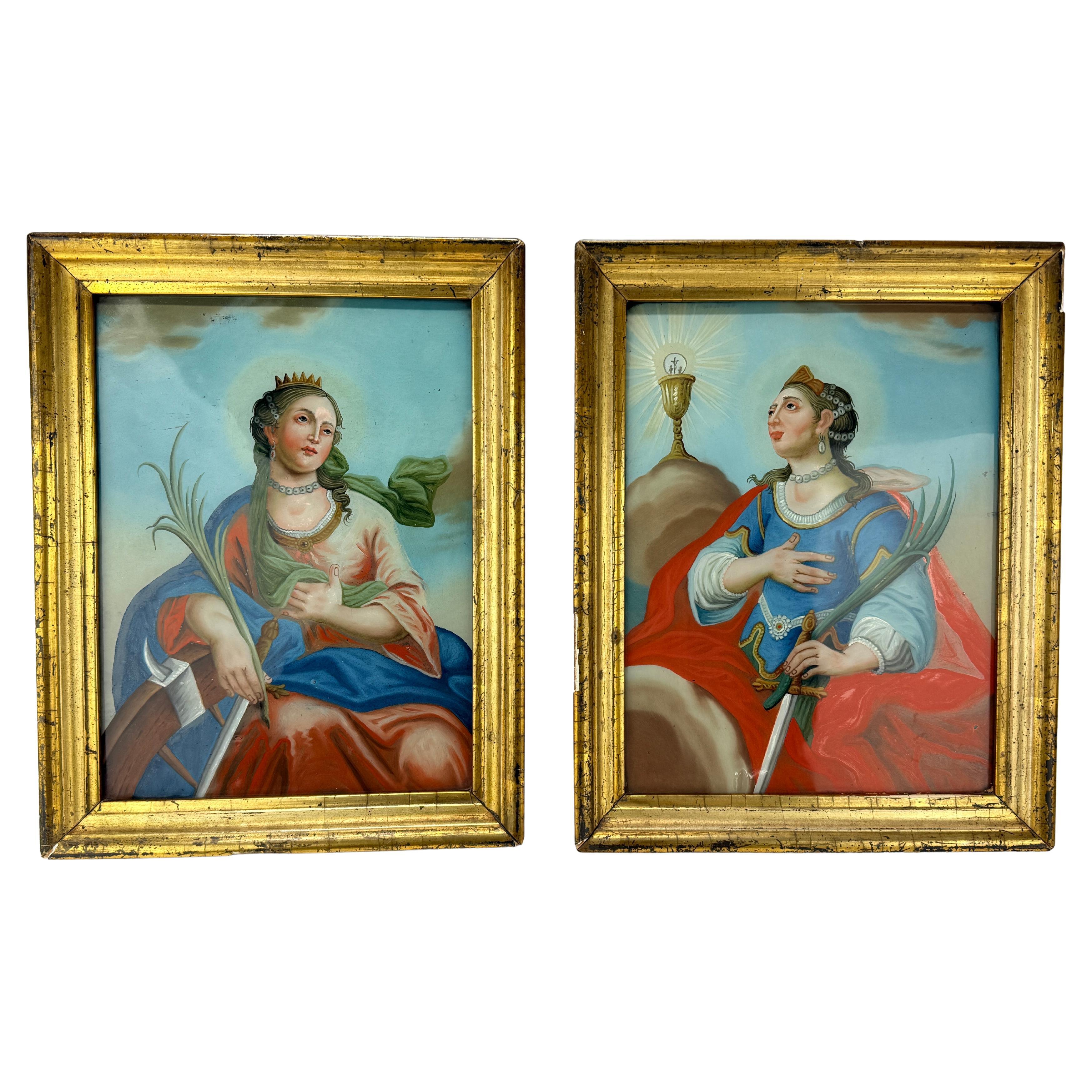 Pair, 19th Century Allegorical Reverse Glass Paintings Depicting Saint Barbara
