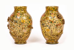 Pair 19th Century Amberline Moser Crystal Vases w/ Enameled and Gilt Decoration