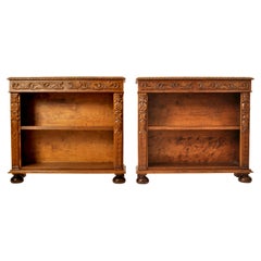 Pair 19th Century Antique French Carved Oak Renaissance Revival Bookcases 1880