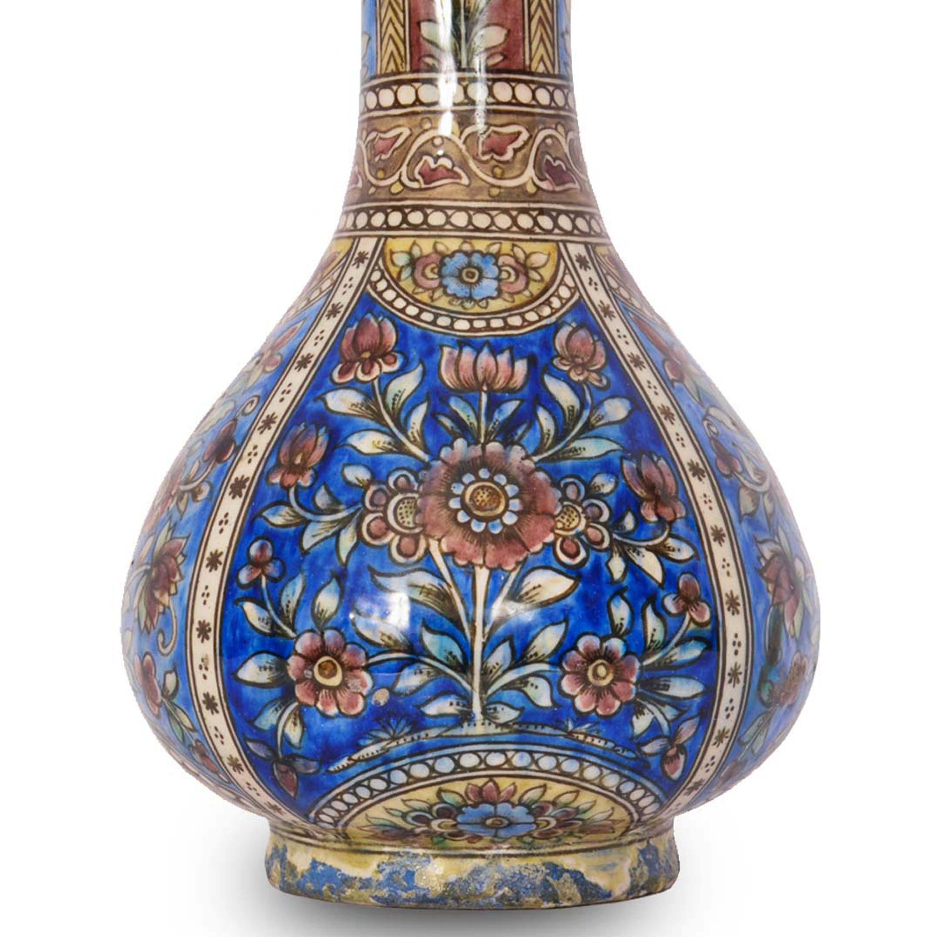 Pottery Pair 19th Century Antique Islamic Ottoman Iznik Kutahya Bottle Vases Turkey 1820 For Sale