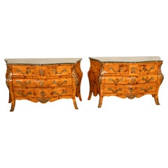 Pareja Siglo XIX Antiguo Italiano Burlwood Bombe Commodes Ormolu Mármol Verde