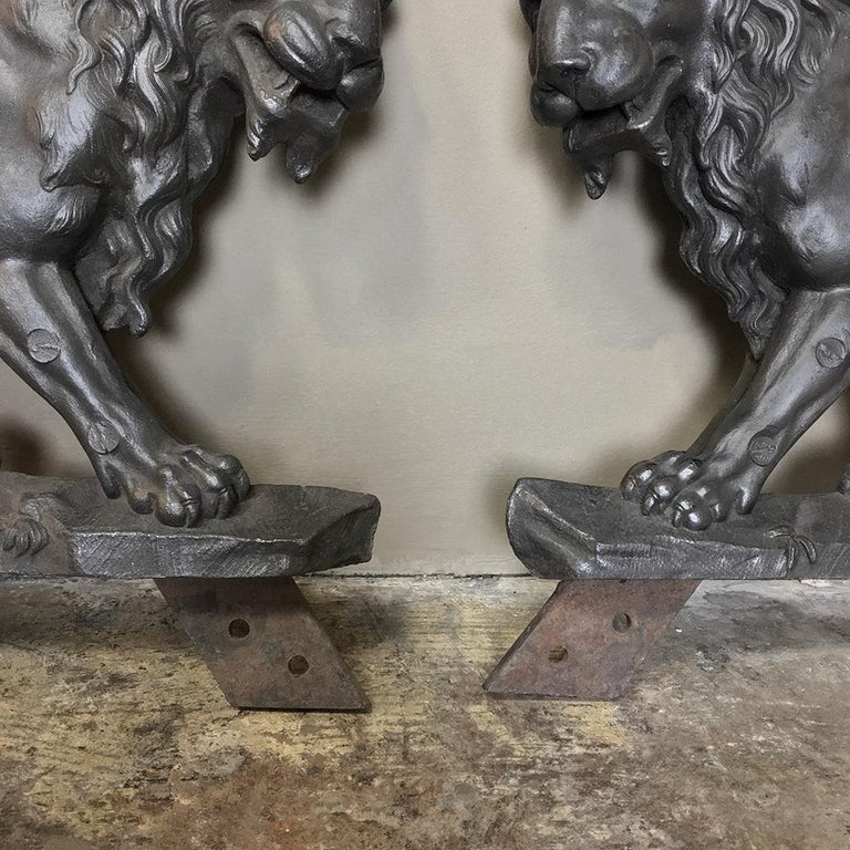 Pair of 19th Century Architectural Cast Iron Lion Statues For Sale at