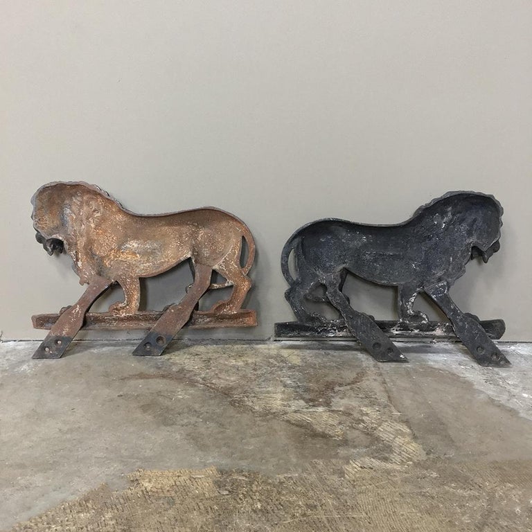 Pair of 19th Century Architectural Cast Iron Lion Statues For Sale at