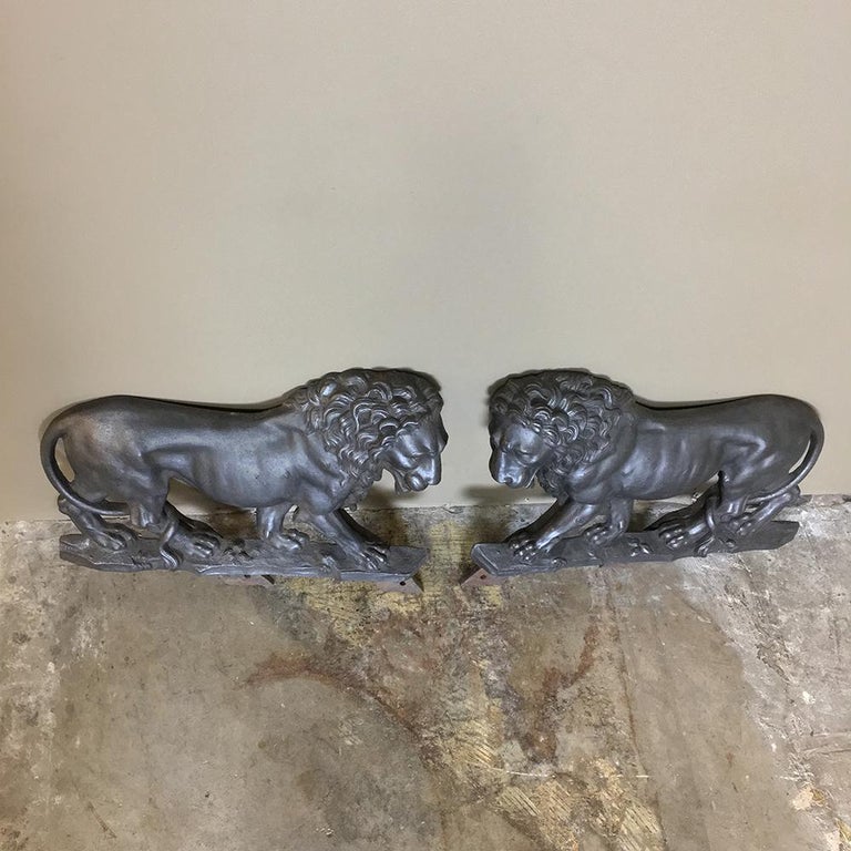 Pair of 19th Century Architectural Cast Iron Lion Statues For Sale at