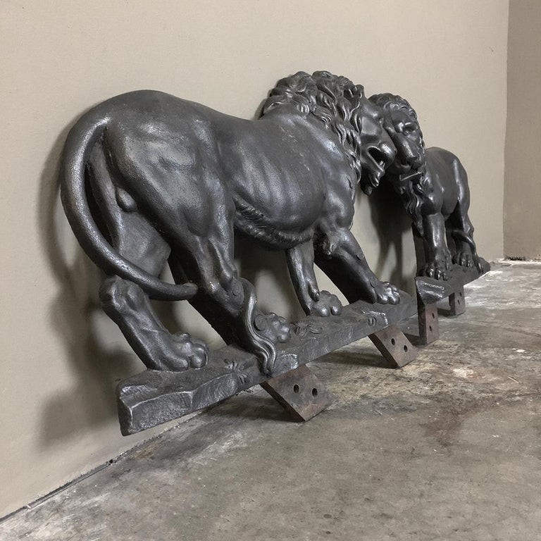 Pair of 19th Century Architectural Cast Iron Lion Statues For Sale at