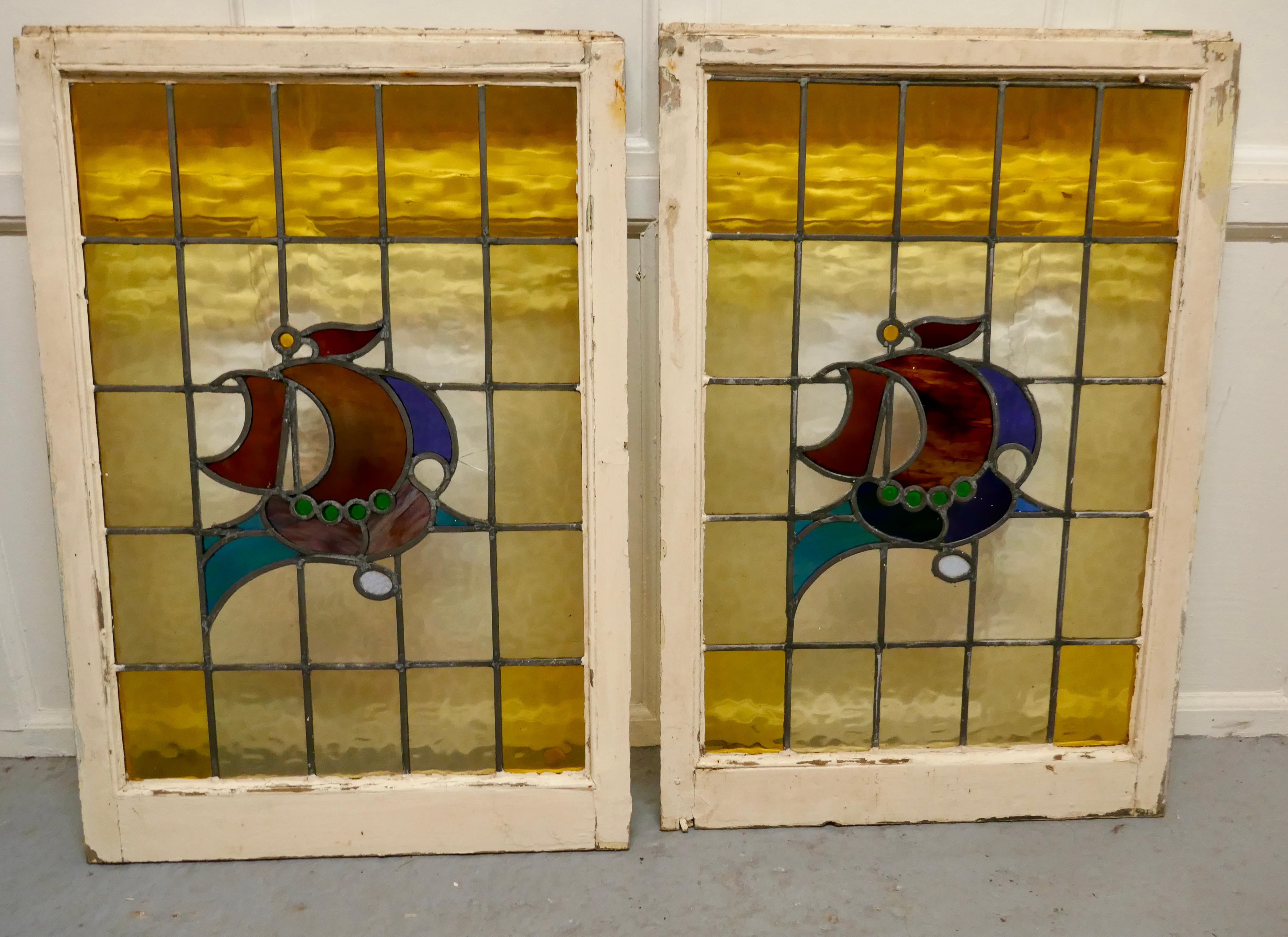 Pair of 19th Century Art Nouveau Stained Glass Windows, with Ships 2