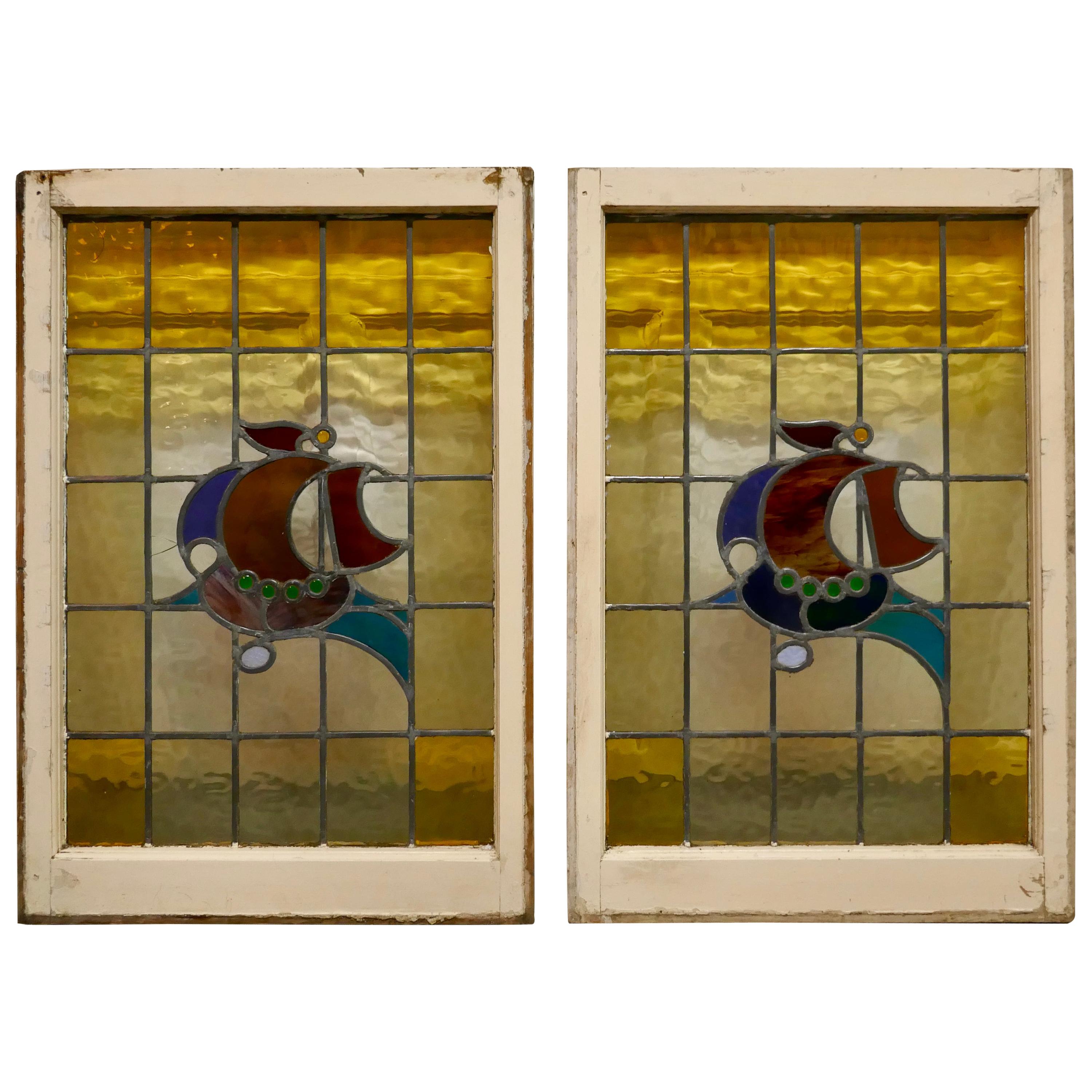 Pair of 19th Century Art Nouveau Stained Glass Windows, with Ships