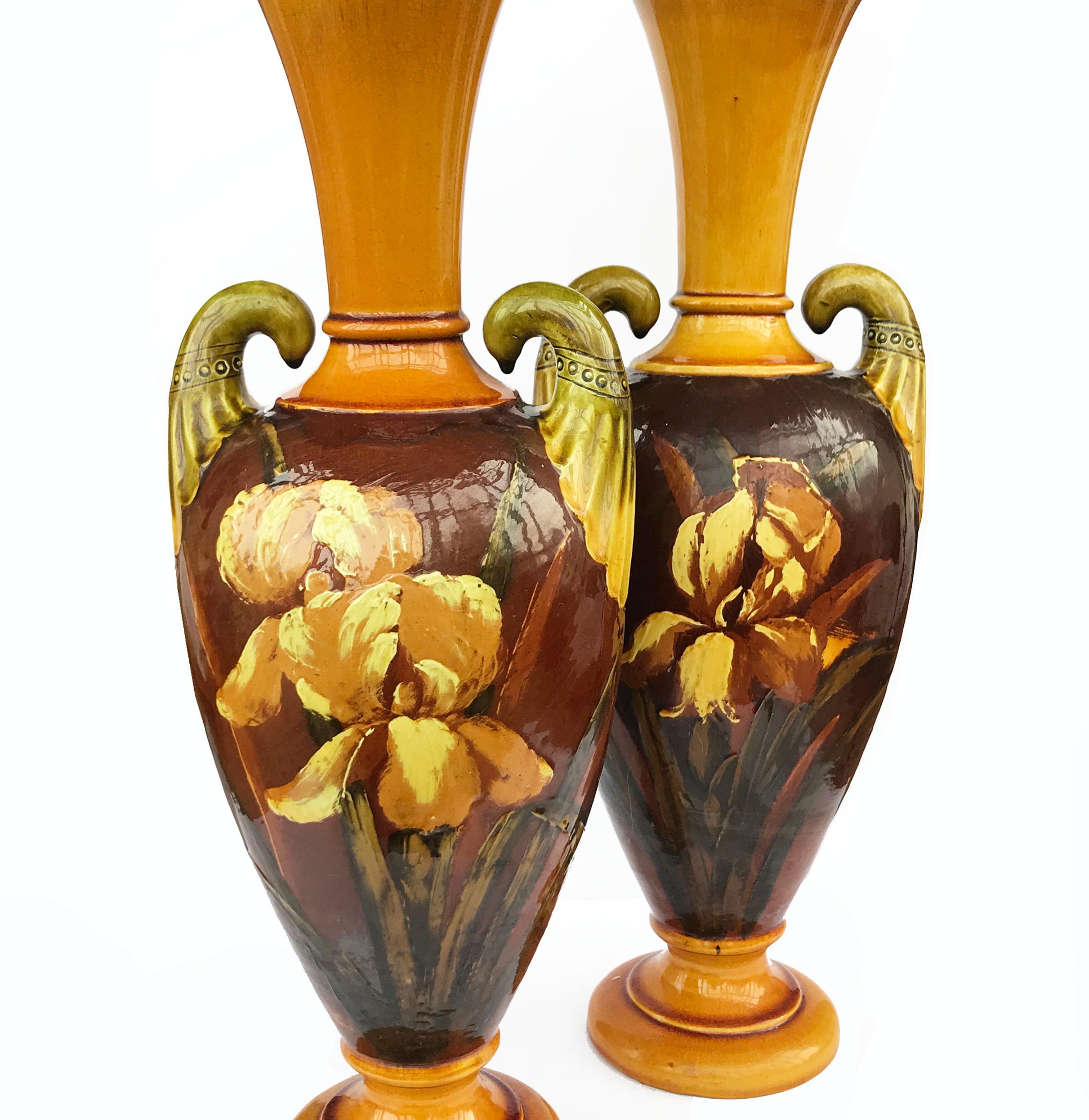 Pair of 19th Century Arts & Crafts Majolica Bretby Irises Vases (Arts and Crafts)