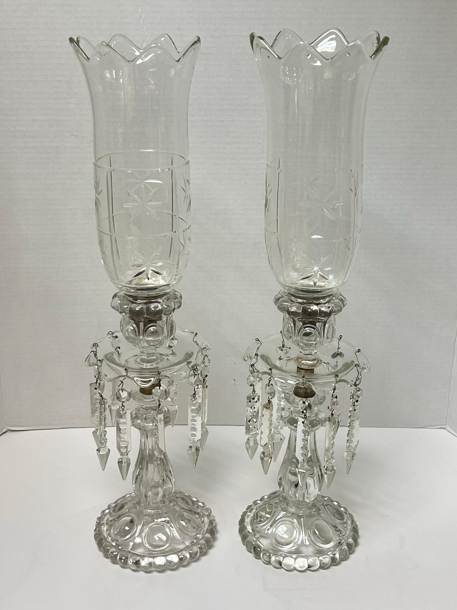 Pair 19th Century Baccarat style glass and  Crystal Lusters with hurrican shades For Sale 4