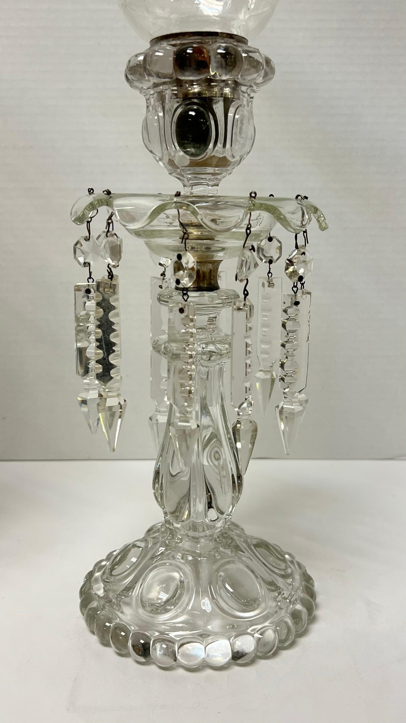 Pair 19th Century Baccarat style glass and  Crystal Lusters with hurrican shades For Sale 7