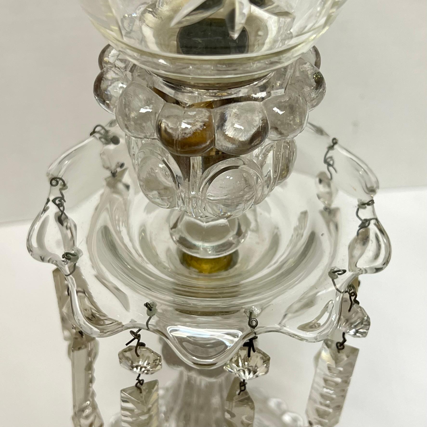 French Pair 19th Century Baccarat style glass and  Crystal Lusters with hurrican shades For Sale