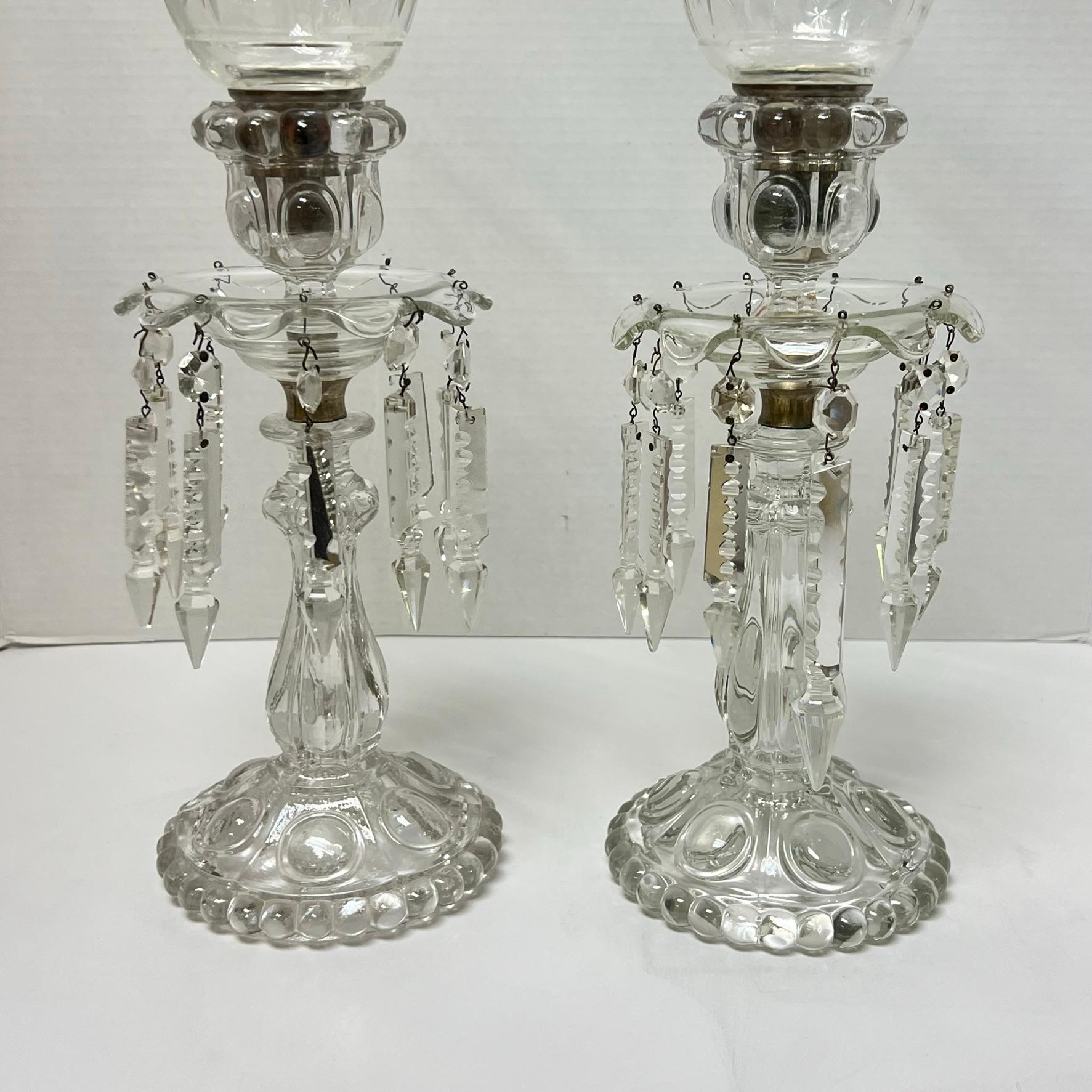 Pair 19th Century Baccarat style glass and  Crystal Lusters with hurrican shades For Sale 3