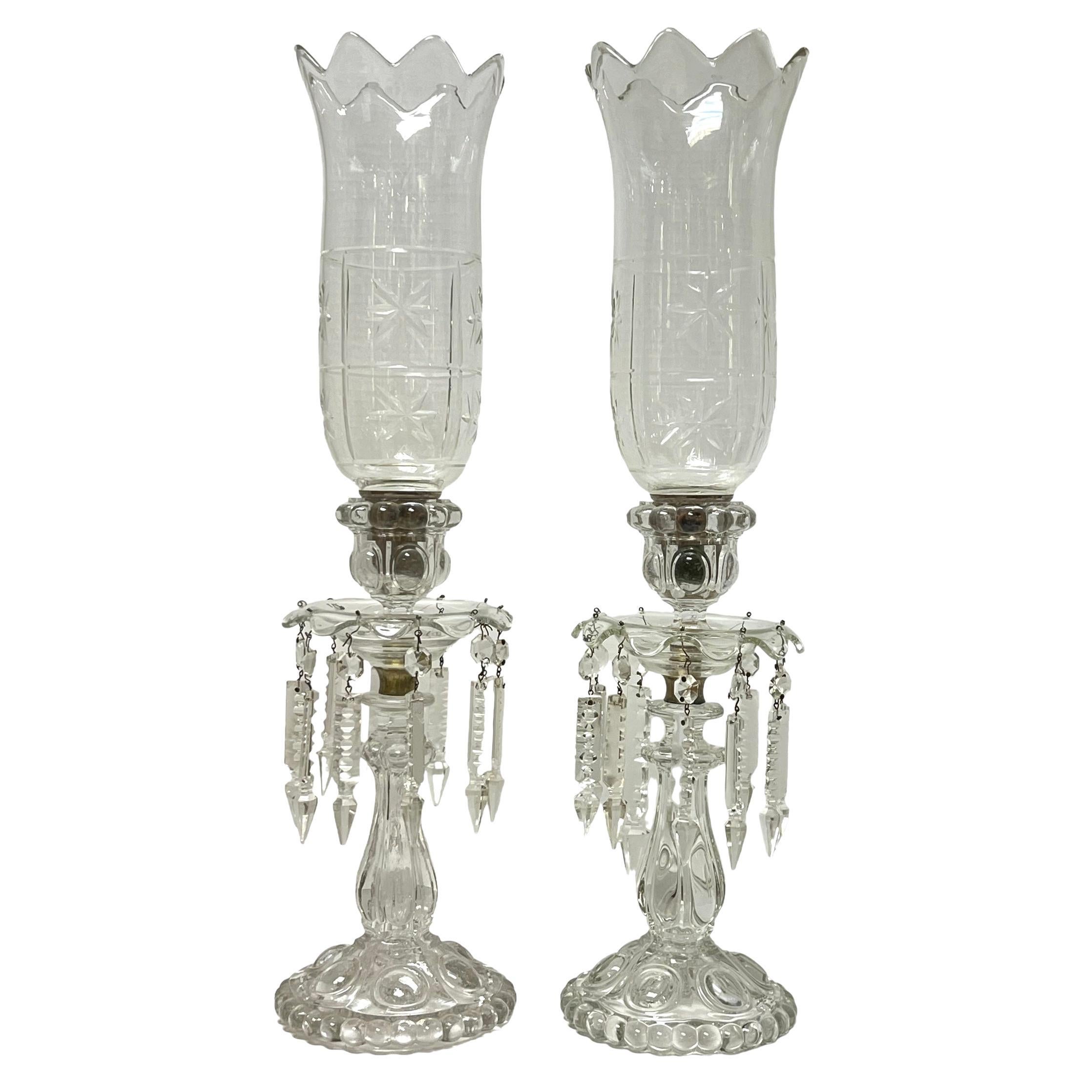 Pair 19th Century Baccarat style glass and  Crystal Lusters with hurrican shades For Sale