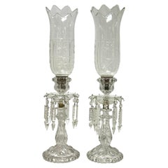 Pair 19th Century Baccarat style glass and  Crystal Lusters with hurrican shades