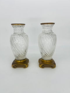 Pair, 19th Century Baccarat Swirl Pattern Bronze Ormolu Mounted Crystal Vases