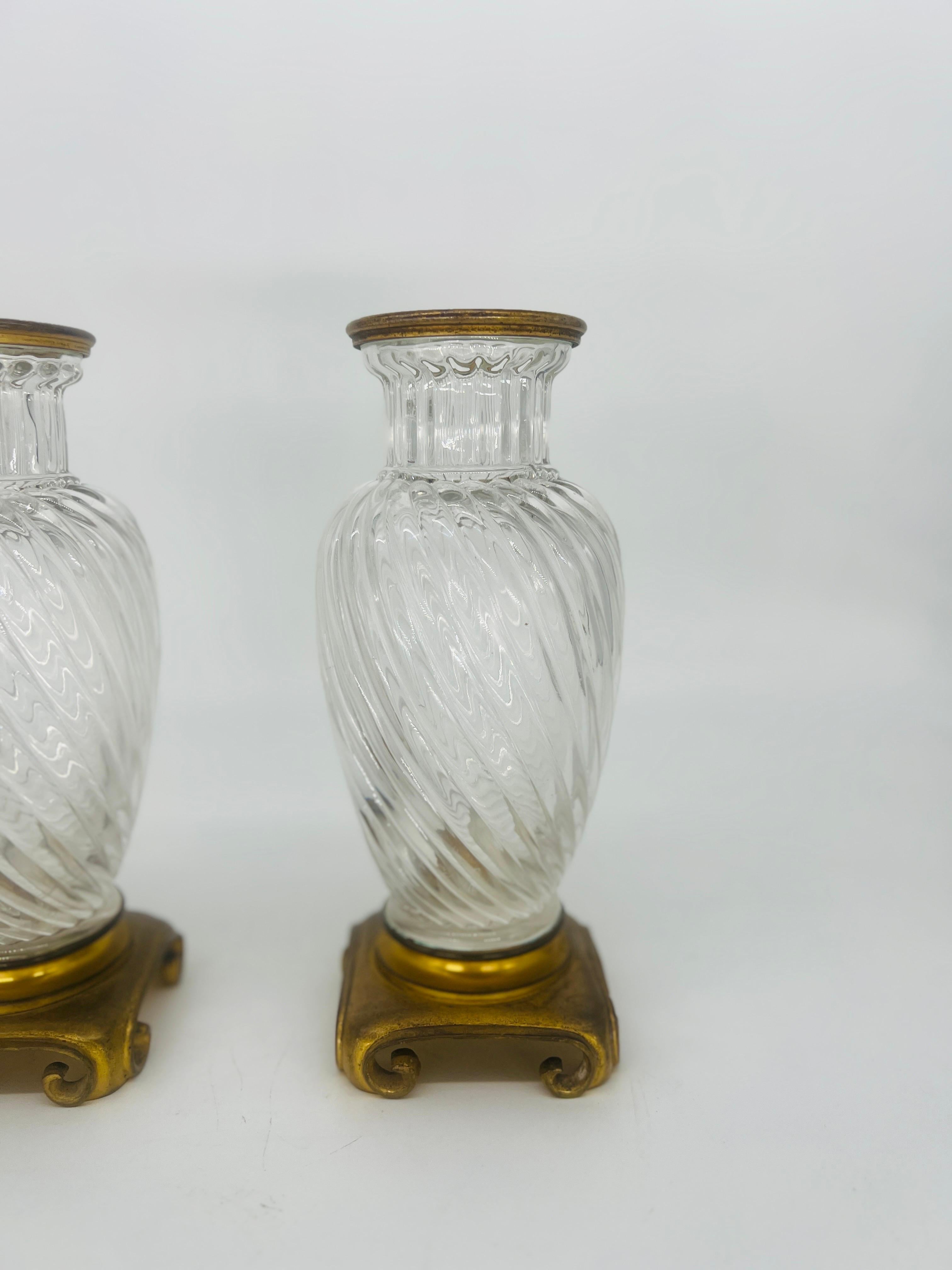 French Pair, 19th Century Baccarat Swirl Pattern Bronze Ormolu Mounted Crystal Vases For Sale