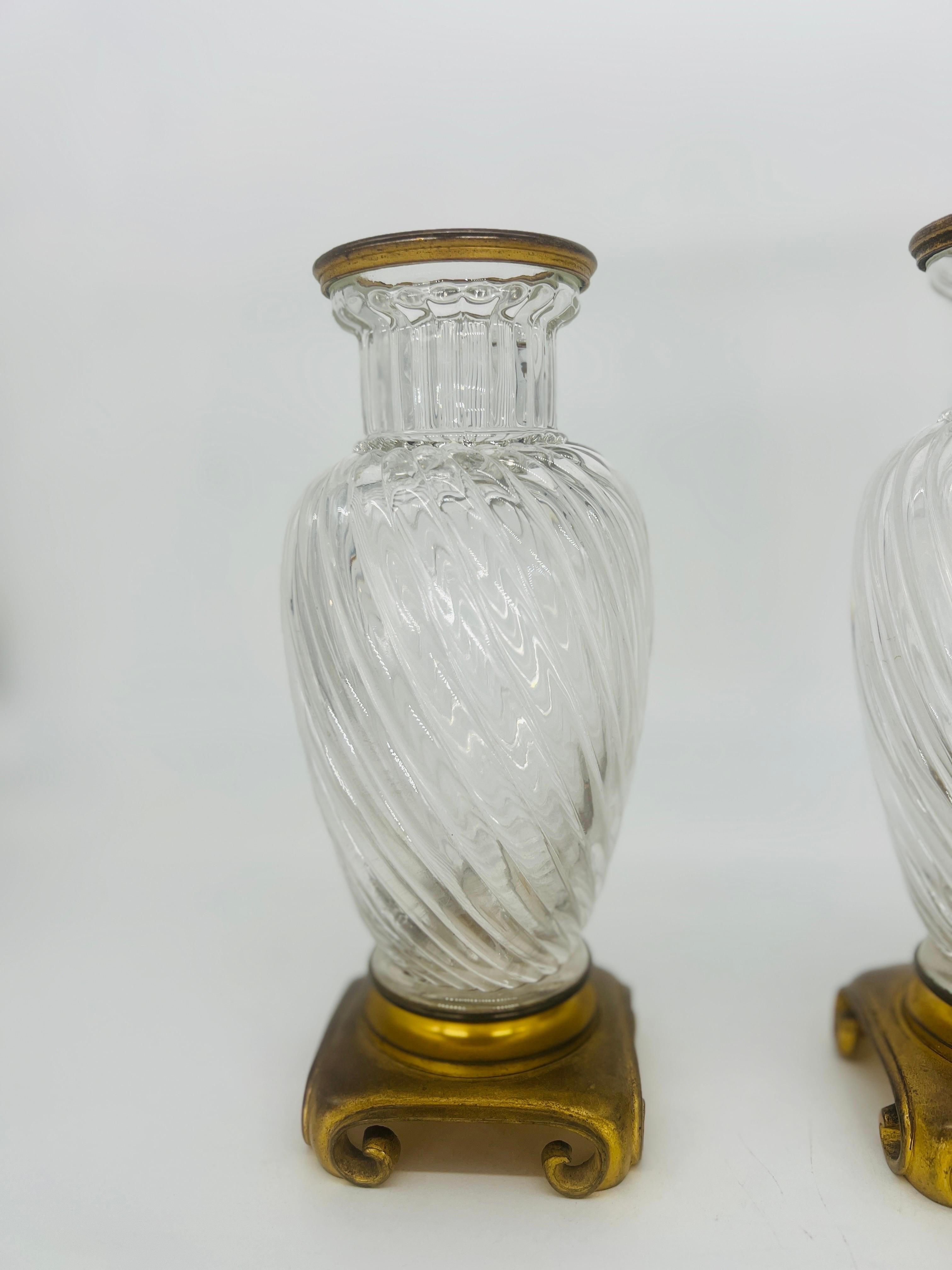 Pair, 19th Century Baccarat Swirl Pattern Bronze Ormolu Mounted Crystal Vases In Good Condition For Sale In Atlanta, GA