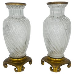 Antique Pair, 19th Century Baccarat Swirl Pattern Bronze Ormolu Mounted Crystal Vases