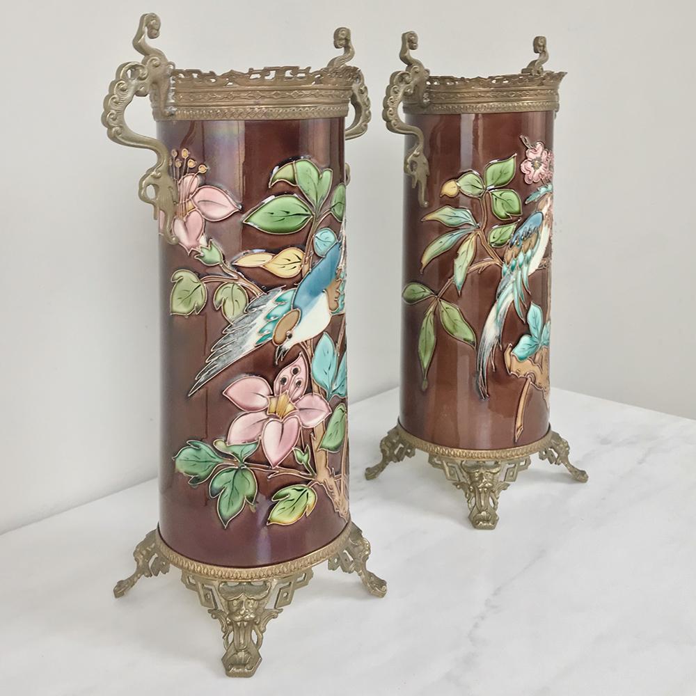 Pair of 19th century barbotine vases with bronze mounts retain their stunning coloration after almost a century and a half, due to the proprietary enamel and glazing techniques of the master porcelain artists of France, who used intriguing methods