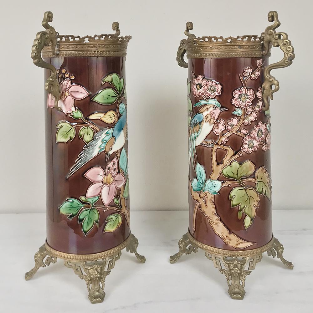 Chinoiserie Pair of 19th Century Barbotine Vases with Bronze Mounts