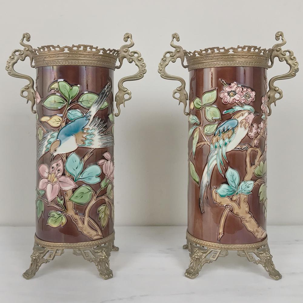 French Pair of 19th Century Barbotine Vases with Bronze Mounts
