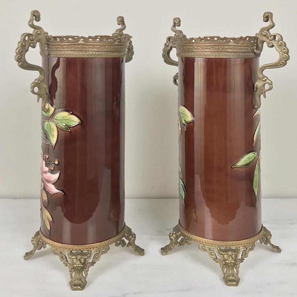 Hand-Crafted Pair of 19th Century Barbotine Vases with Bronze Mounts