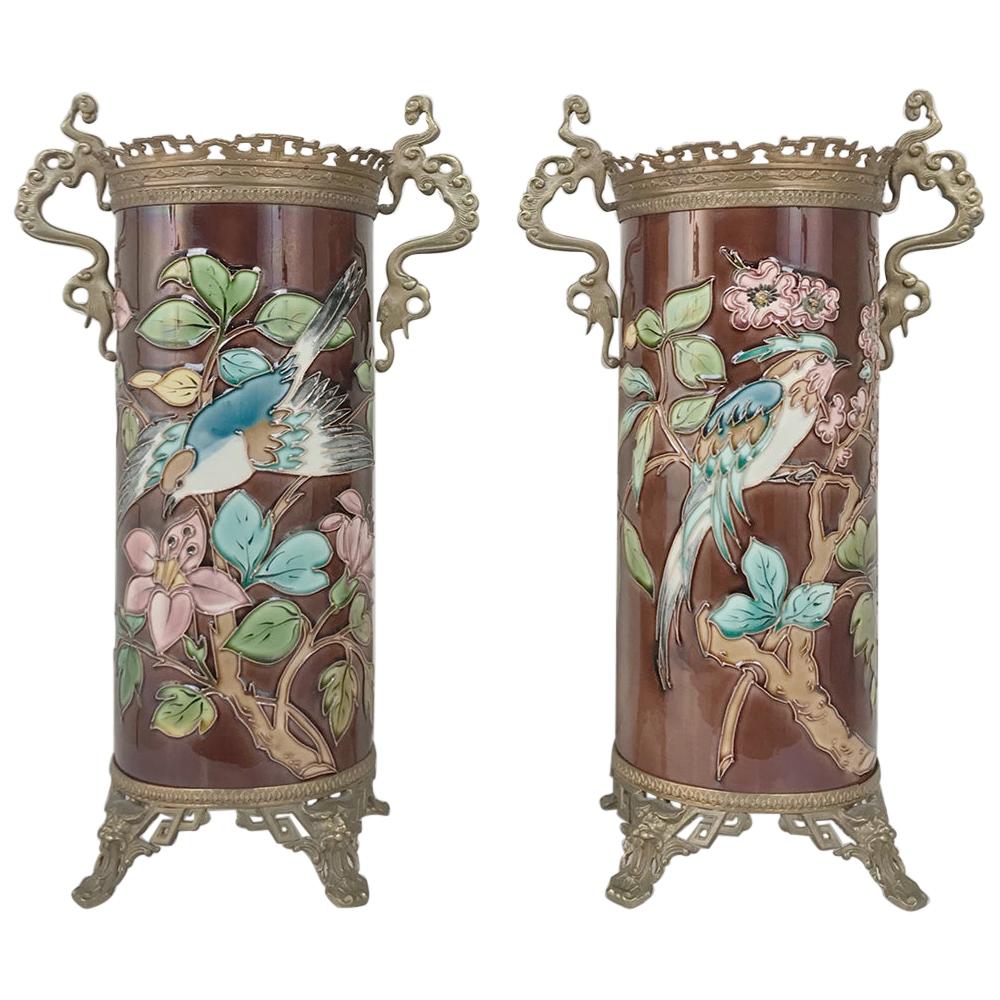 Pair of 19th Century Barbotine Vases with Bronze Mounts