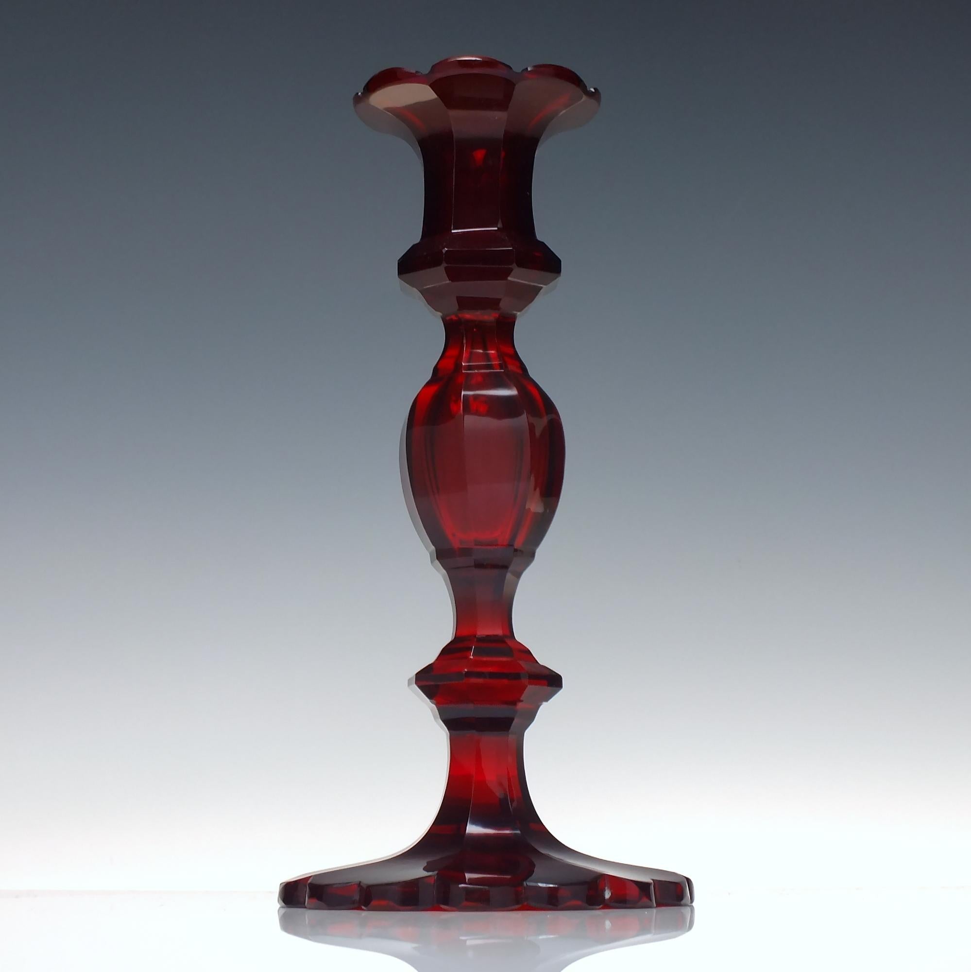 Austrian Pair 19th Century Biedermeier Red Cut Glass Candlesticks, c1840