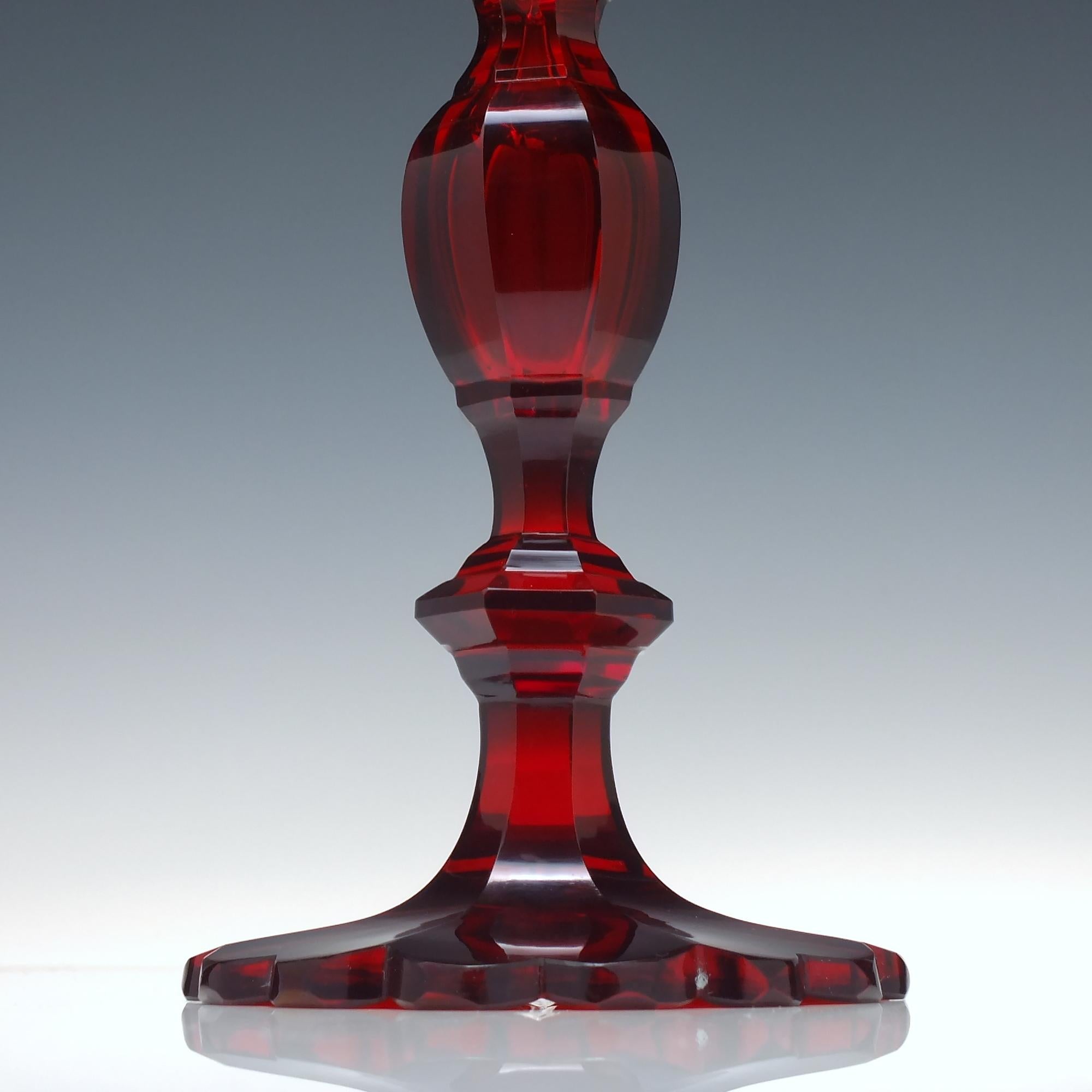 Pair 19th Century Biedermeier Red Cut Glass Candlesticks, c1840 In Good Condition In Whitburn, GB