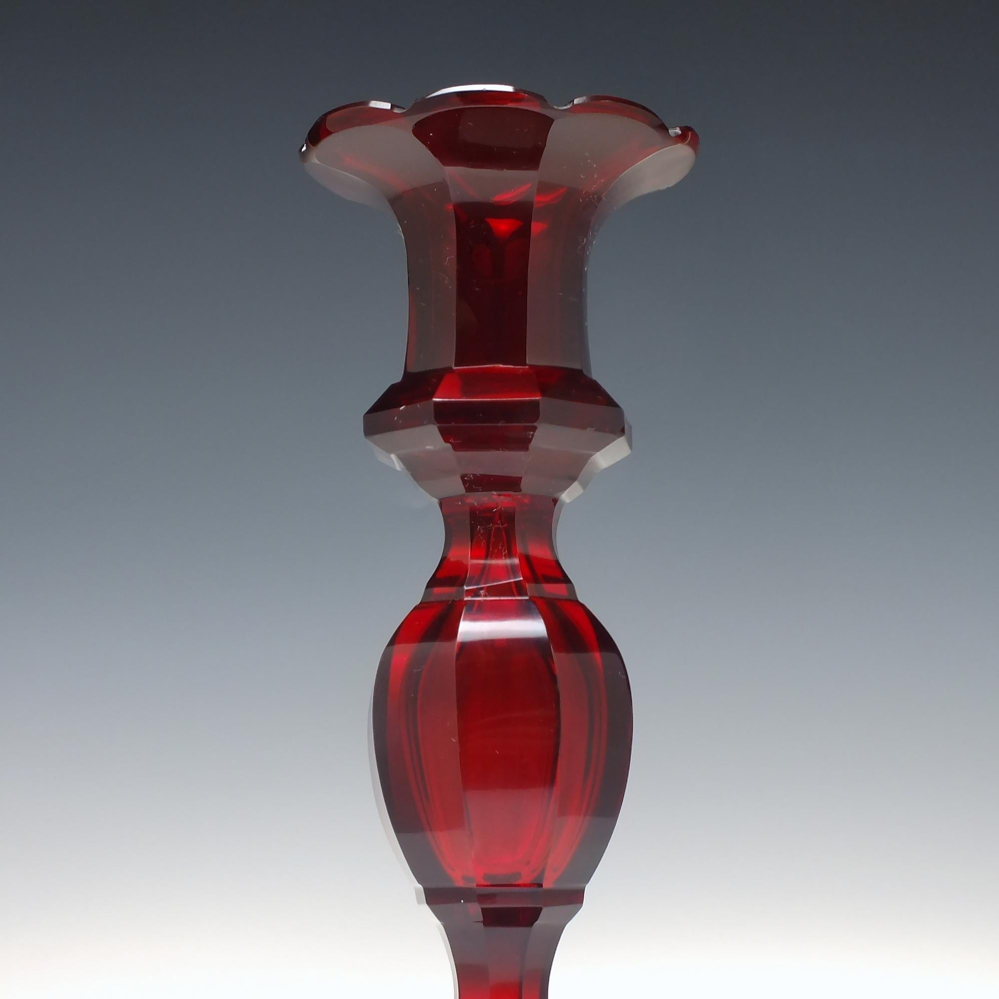 Mid-19th Century Pair 19th Century Biedermeier Red Cut Glass Candlesticks, c1840