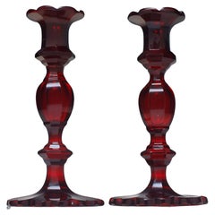 Antique Pair 19th Century Biedermeier Red Cut Glass Candlesticks, c1840