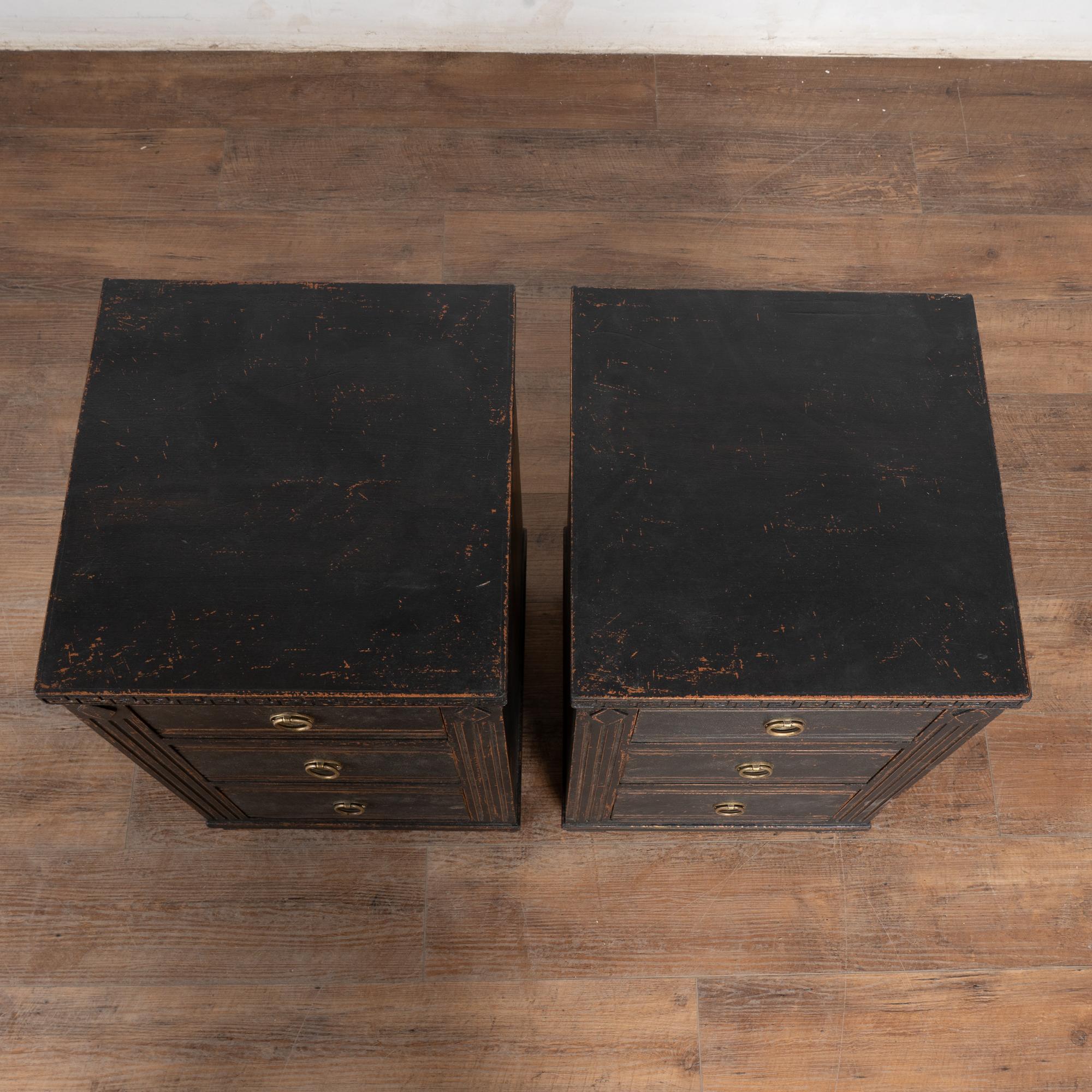 Brass Pair, 19th Century Black Gustavian Small Chest of Drawers or Nightstands