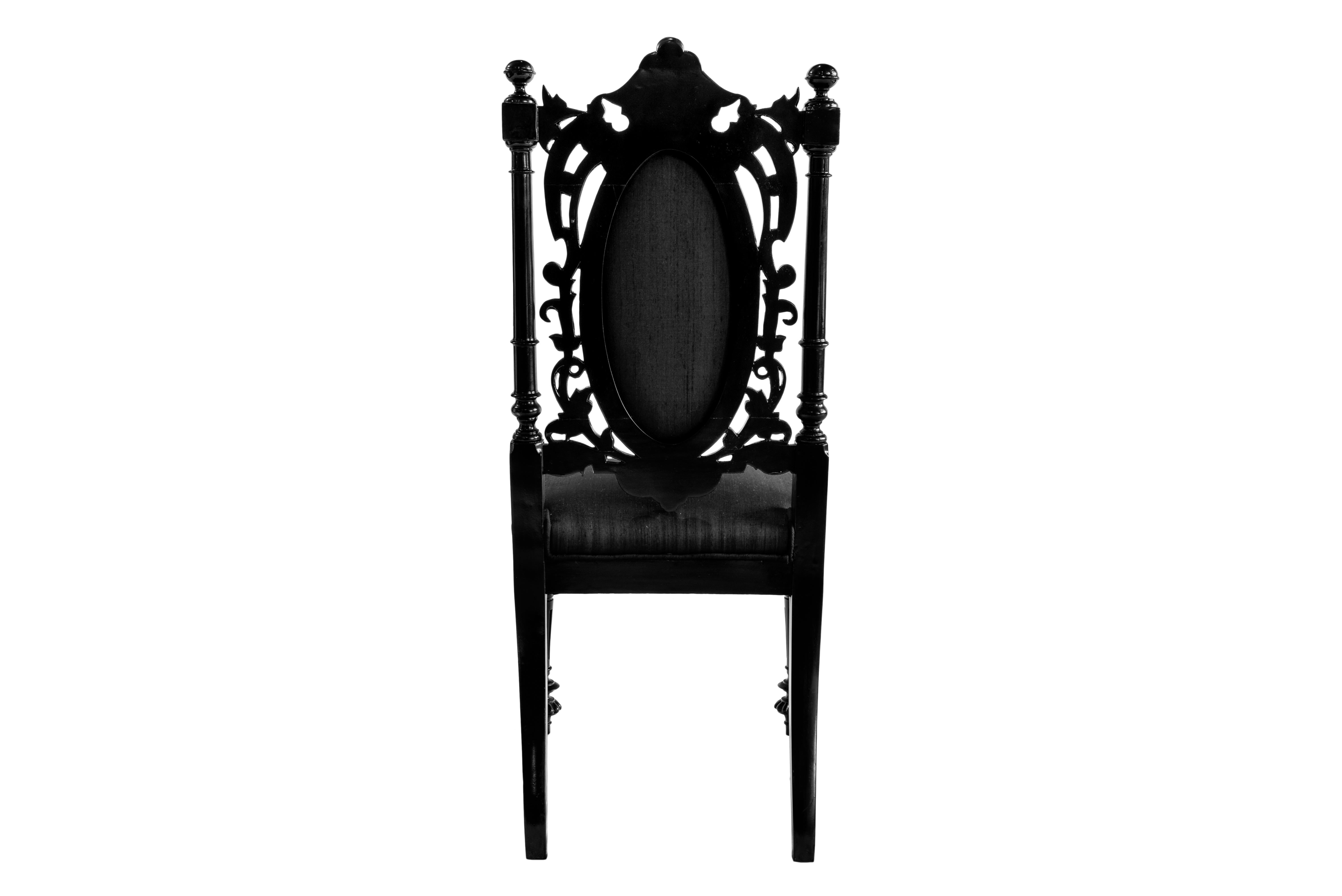 Baroque Revival Pair 19th Century Black Lacquered Baroque Wood Chairs with Silk Upholstery, 1890