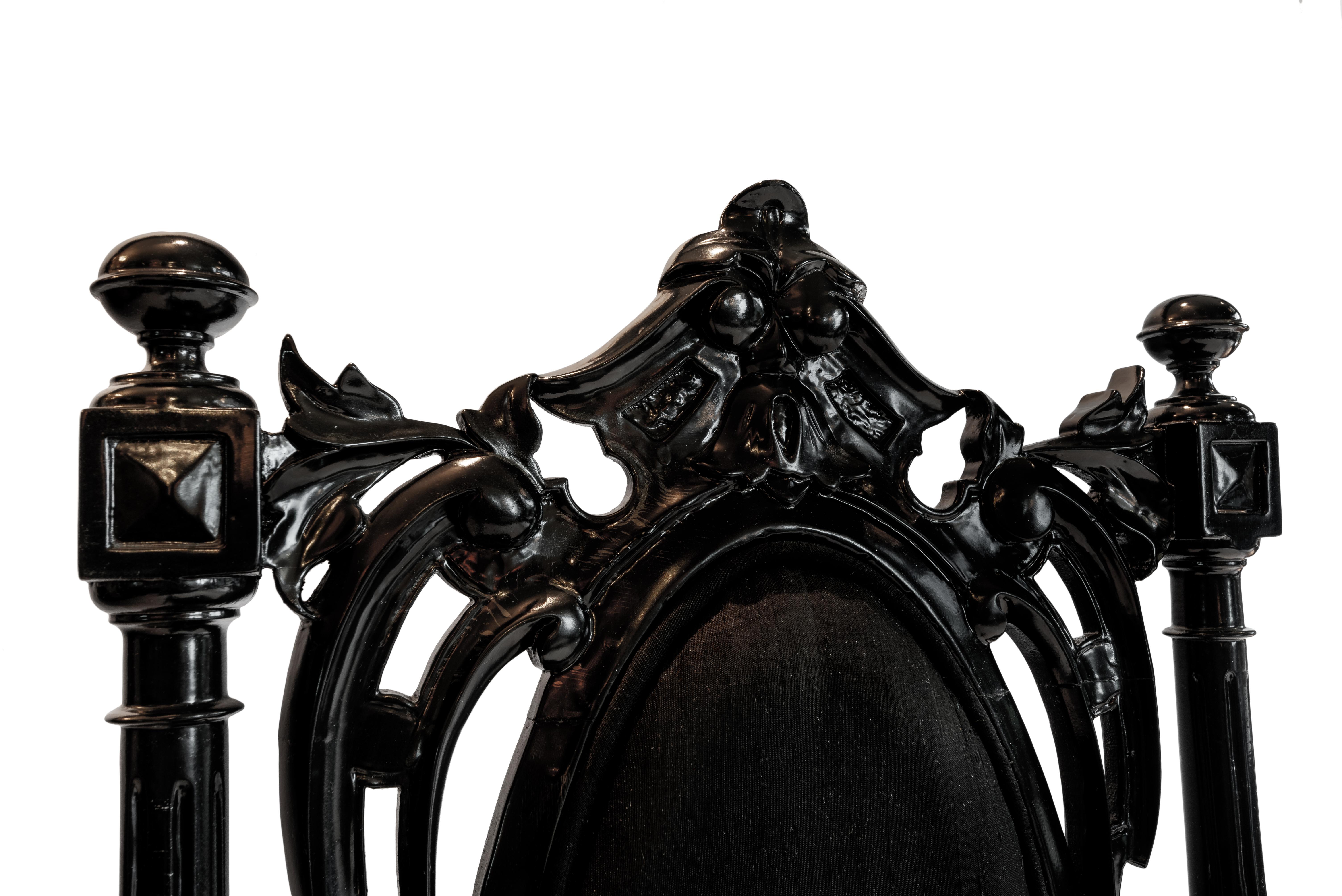 Portuguese Pair 19th Century Black Lacquered Baroque Wood Chairs with Silk Upholstery, 1890