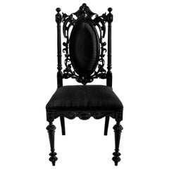 Antique Pair 19th Century Black Lacquered Baroque Wood Chairs with Silk Upholstery, 1890